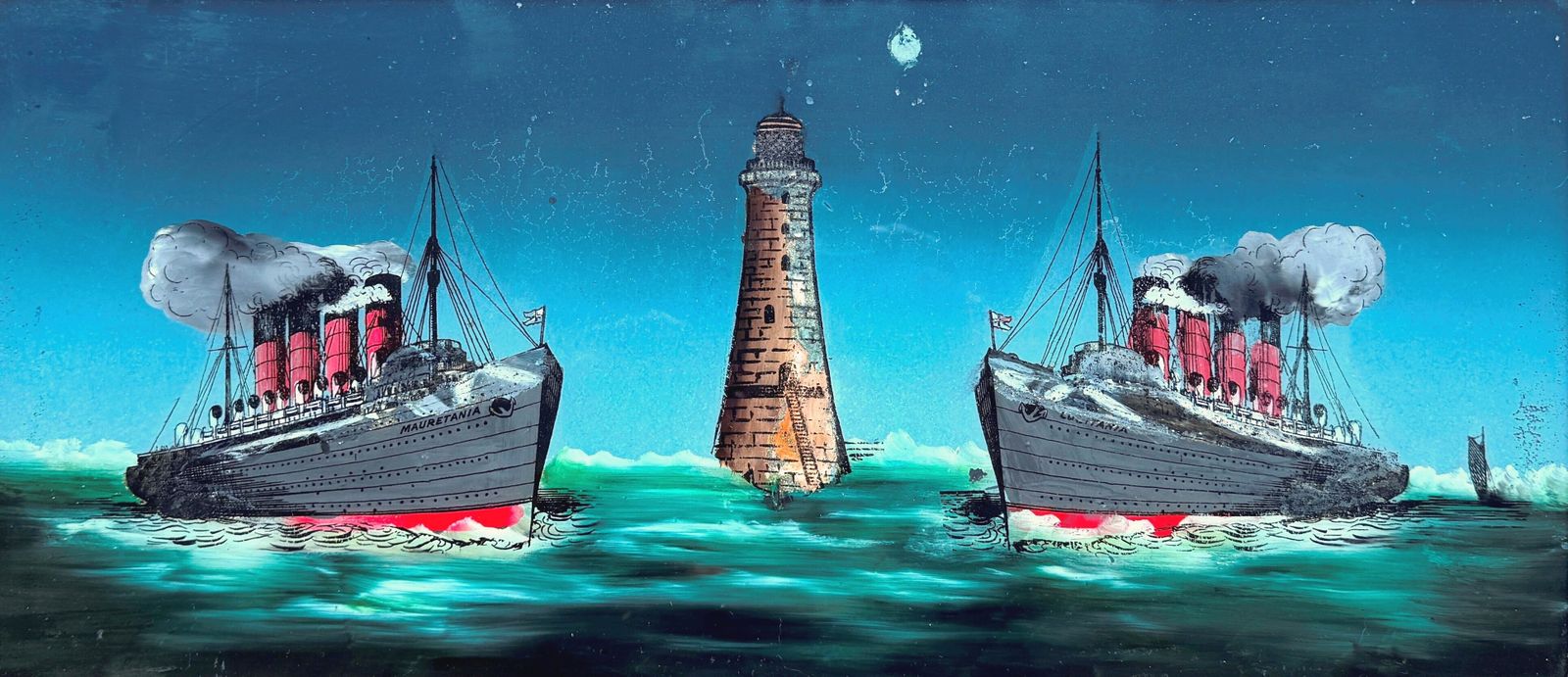 Mauretania & Lusitania Original Reverse Painting On Glass Early 20c photo Art