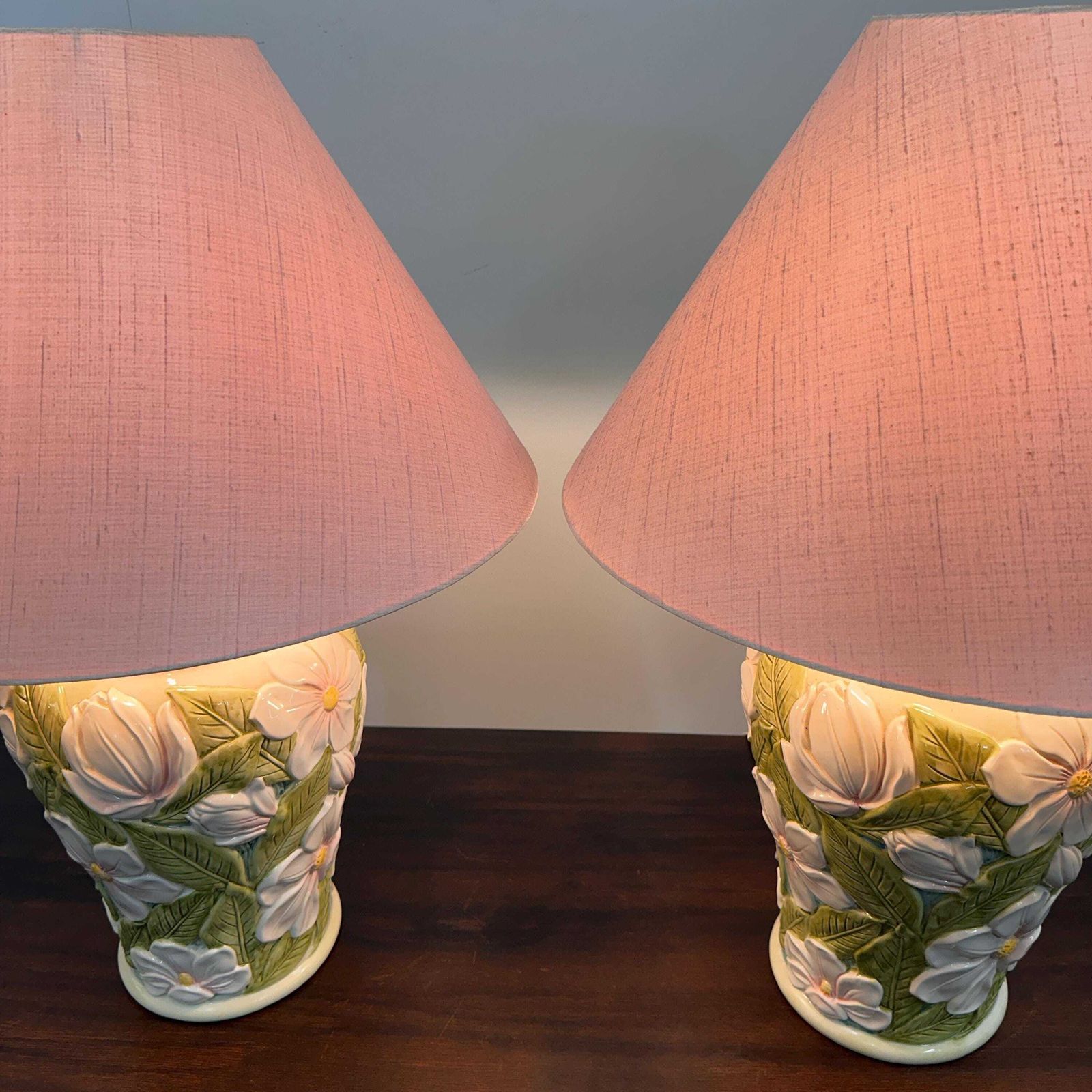 photo for sale Pair Of Large Vintage Ceramic Table Lamps With 3d Floral Design, 1970s