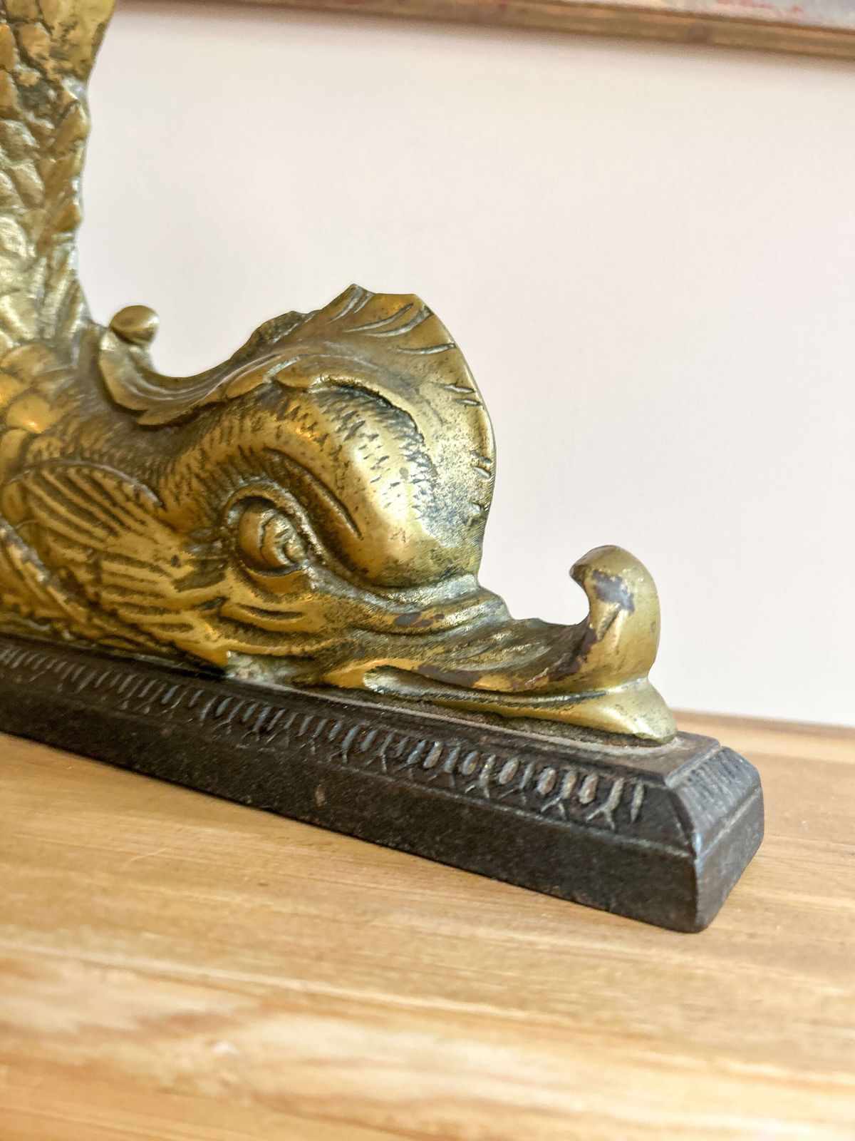 Pair Of Victorian Brass Dolphin Doorstops On Cast Iron Bases photo vinterior