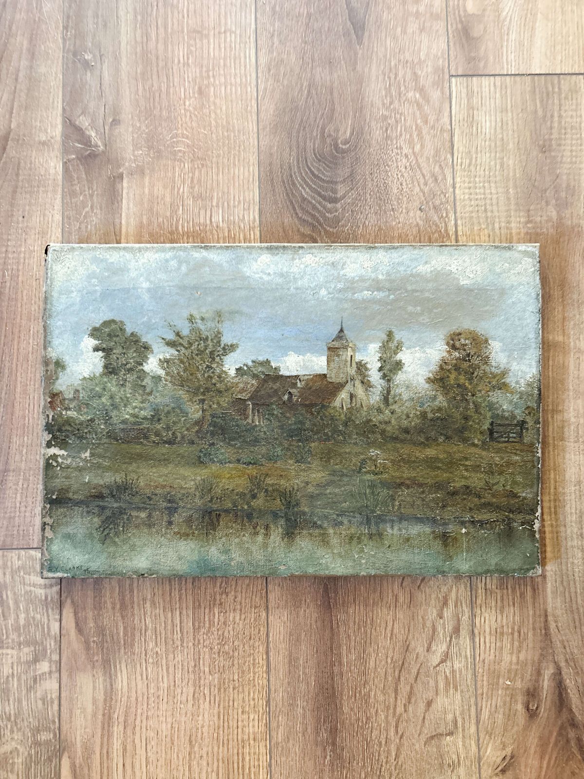 Vintage Oil On Canvas Landscape With Church & Trees By R.A. Clarke photo buy