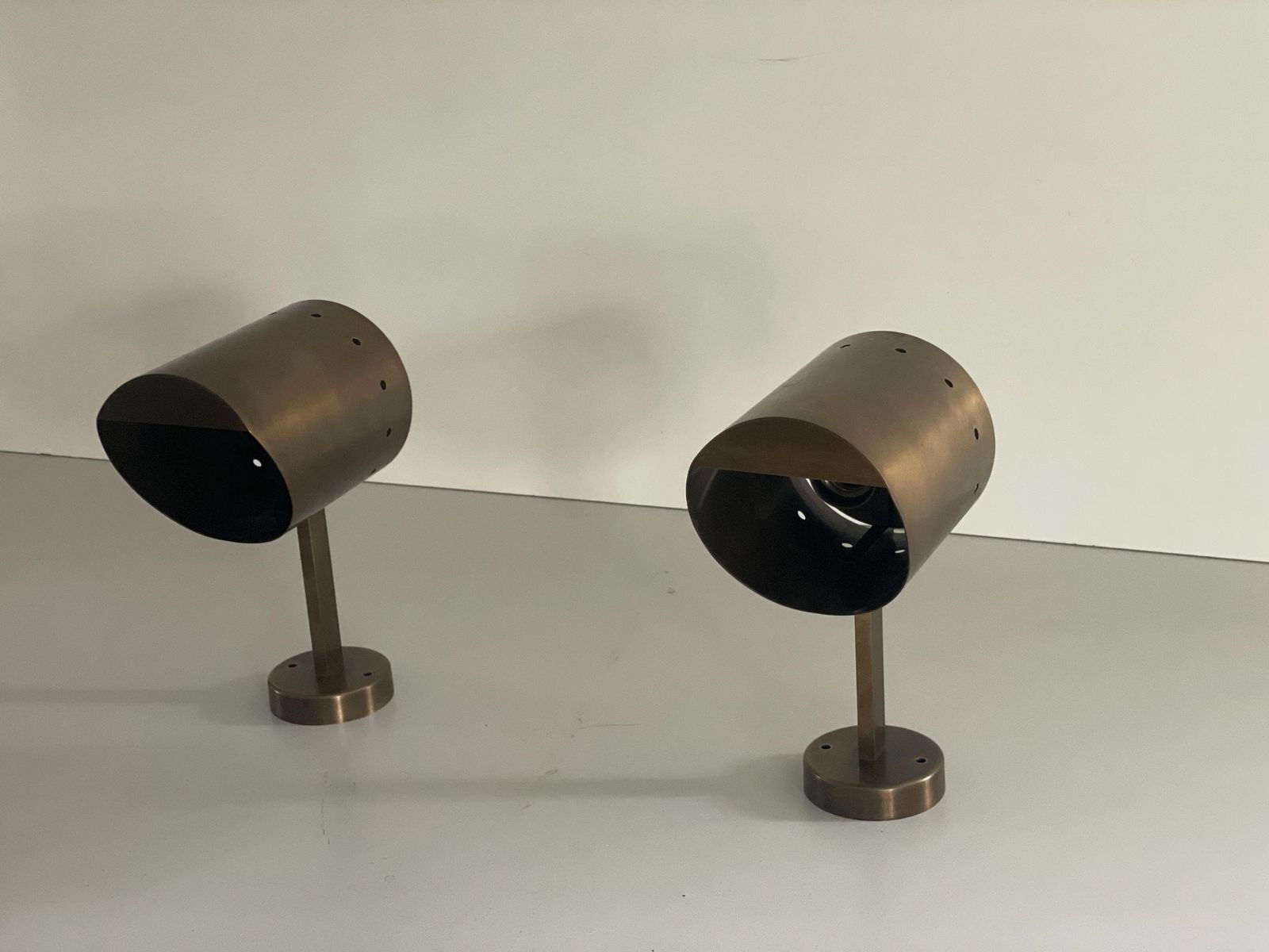 Mid Century Cylindrical Brass Pair Of Sconces With Antique Finish, 1950s, Italy