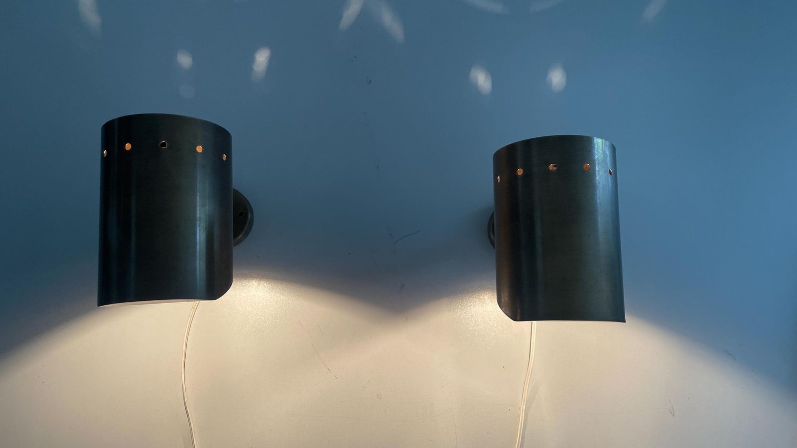 Mid Century Cylindrical Brass Pair Of Sconces With Antique Finish, 1950s, Italy photo furniture
