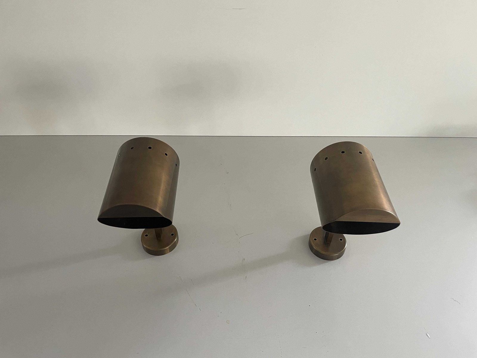 photo for sale Mid Century Cylindrical Brass Pair Of Sconces With Antique Finish, 1950s, Italy