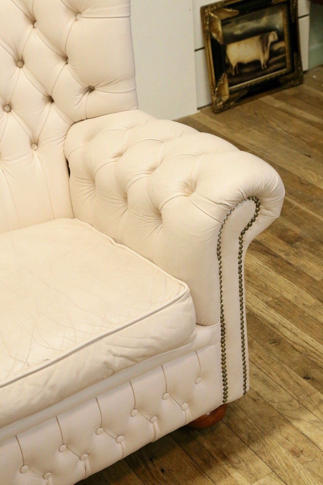 Vintage Off White Leather Chesterfield Wingback Armchair photo Furniture