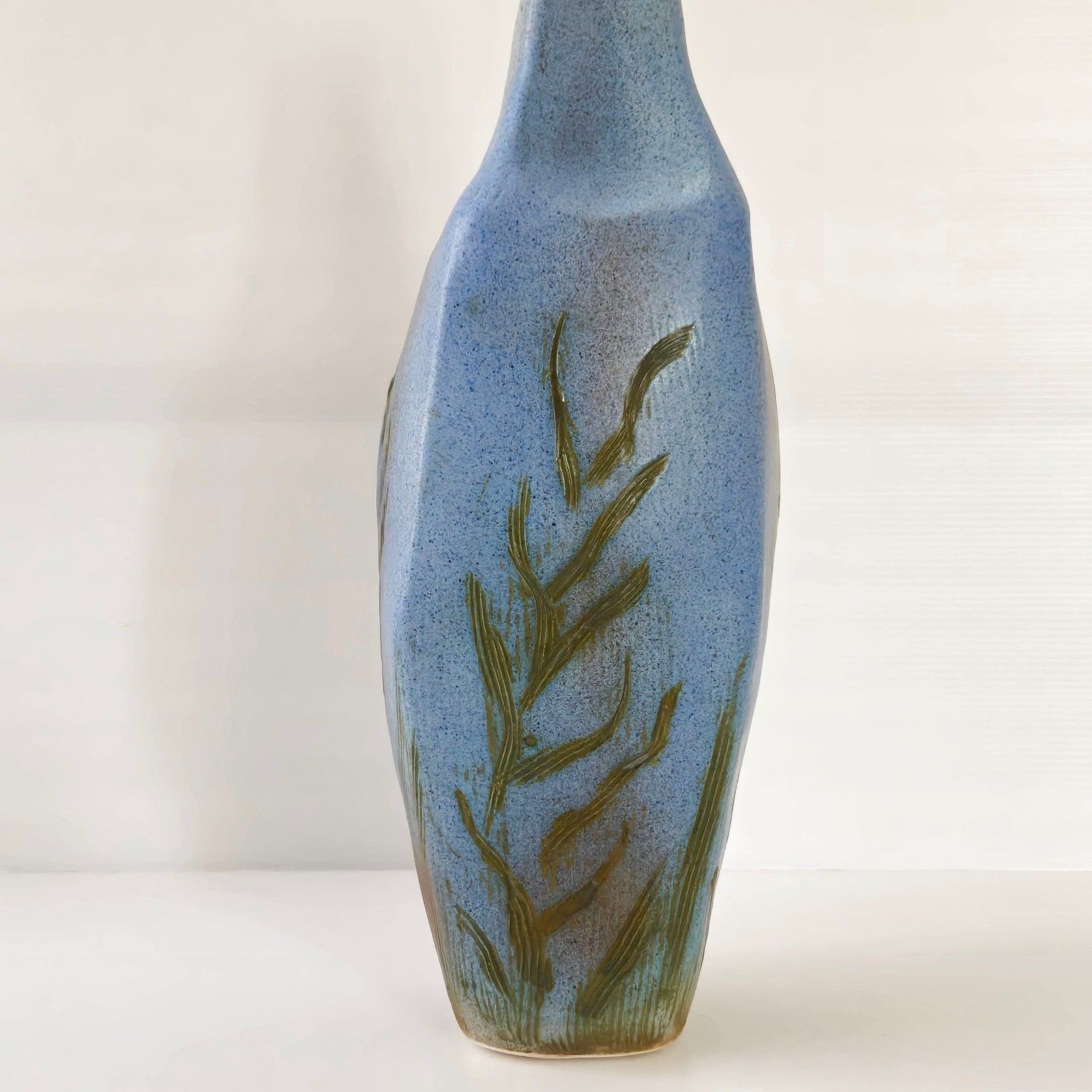Vintage 1960s Blue Ceramic Herbarium Algae Vase 60s Retro 60s Sign photo for sale