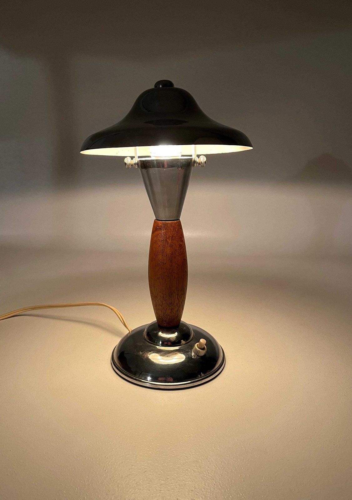 Rare Bauhaus Art Deco Chrome Wood Mushroom Desk Lamp 1930 photo for sale