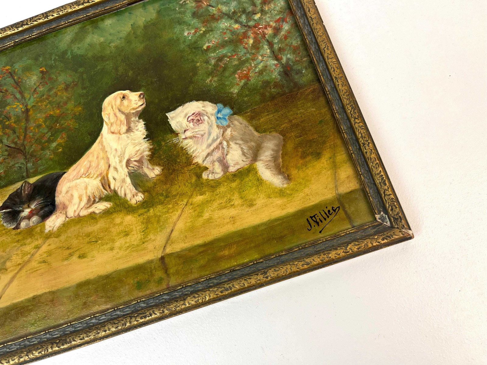Beautiful Antique Cats And Dogs Oil Painting Signed By J. Villes Framed About 1920 photo for sale