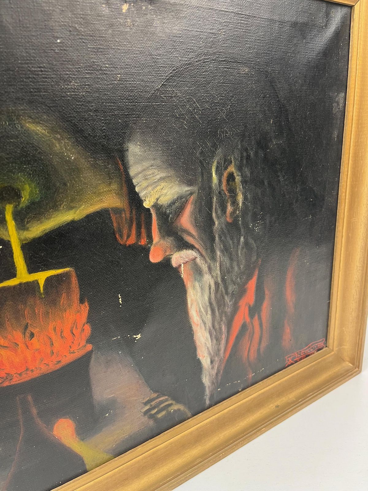 Rare Antique Alchemist In Laboratory Oil Painting Scientist Philosophers Stone Signed Mitaine photo vinterior