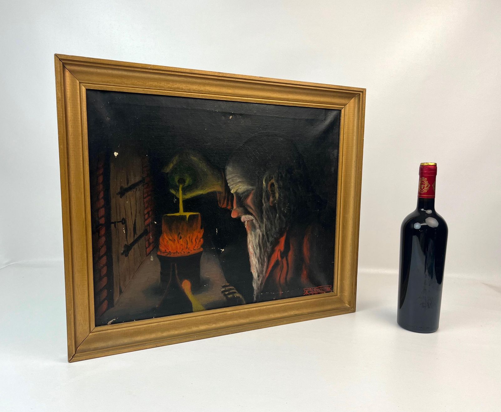 Rare Antique Alchemist In Laboratory Oil Painting Scientist Philosophers Stone Signed Mitaine photo buy
