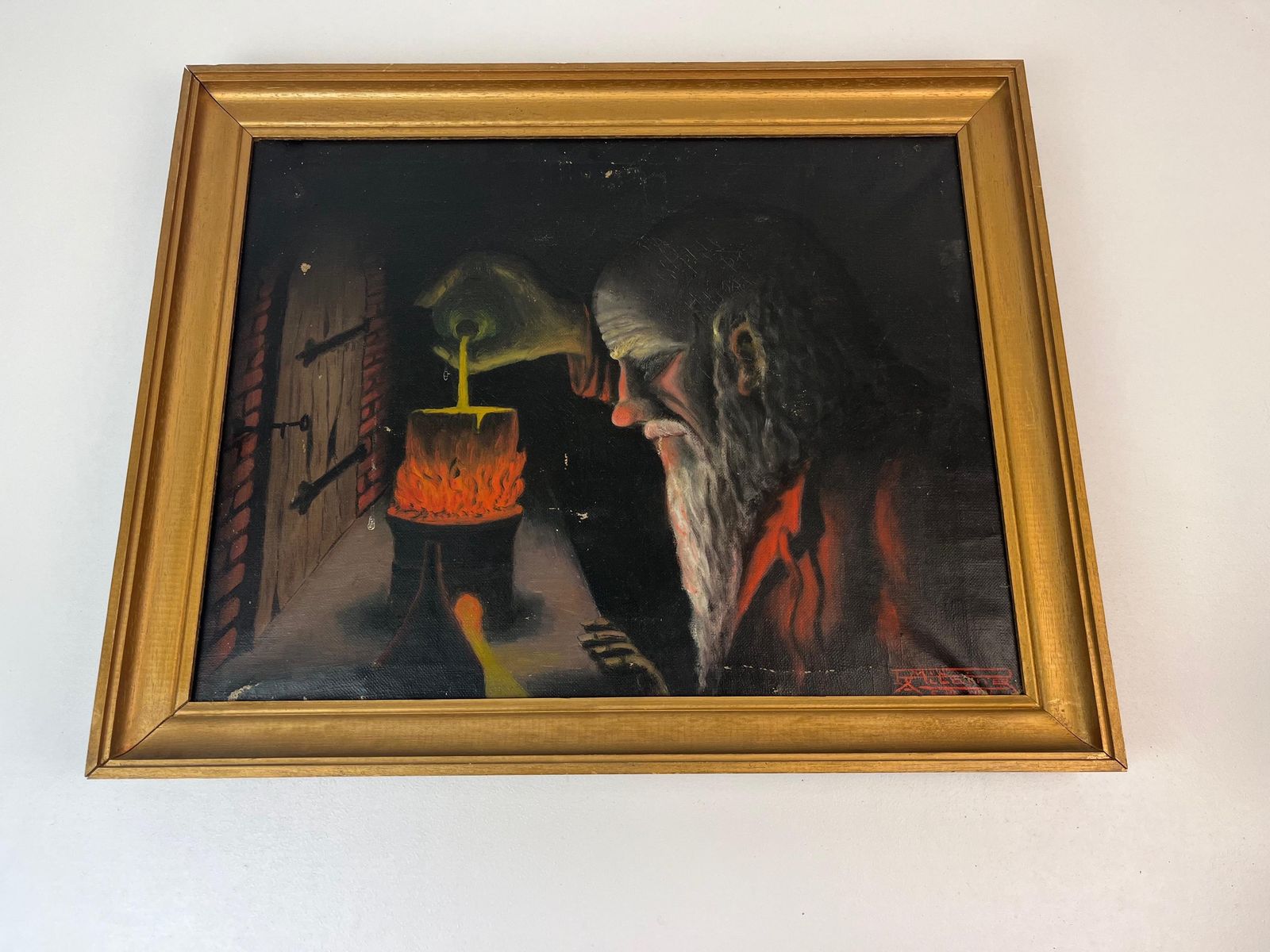 photo for sale Rare Antique Alchemist In Laboratory Oil Painting Scientist Philosophers Stone Signed Mitaine