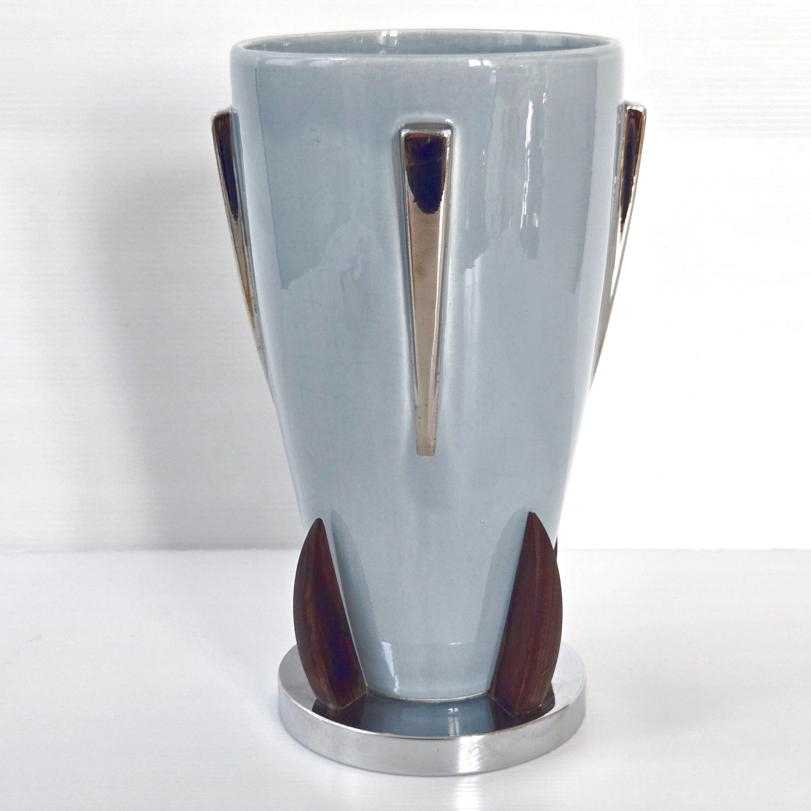 Vintage Scandinavian 1920 Ceramic Rosewood Chrome Art Deco Vase 20s Retro photo for sale