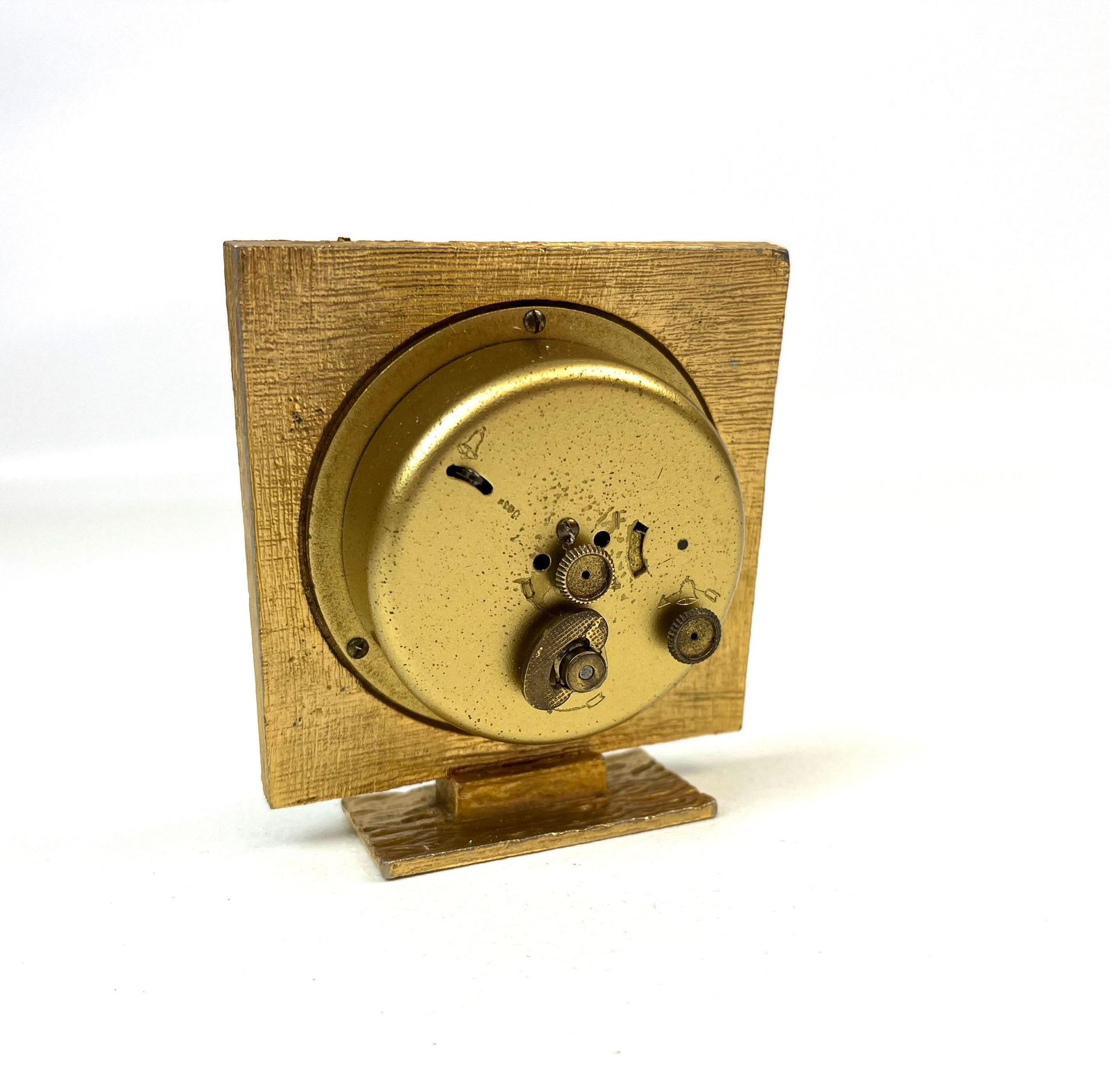 Stunning Mid Century Golden Sculptural Metal Brutalist Alarm Desk Clock By Mauthe photo vintage