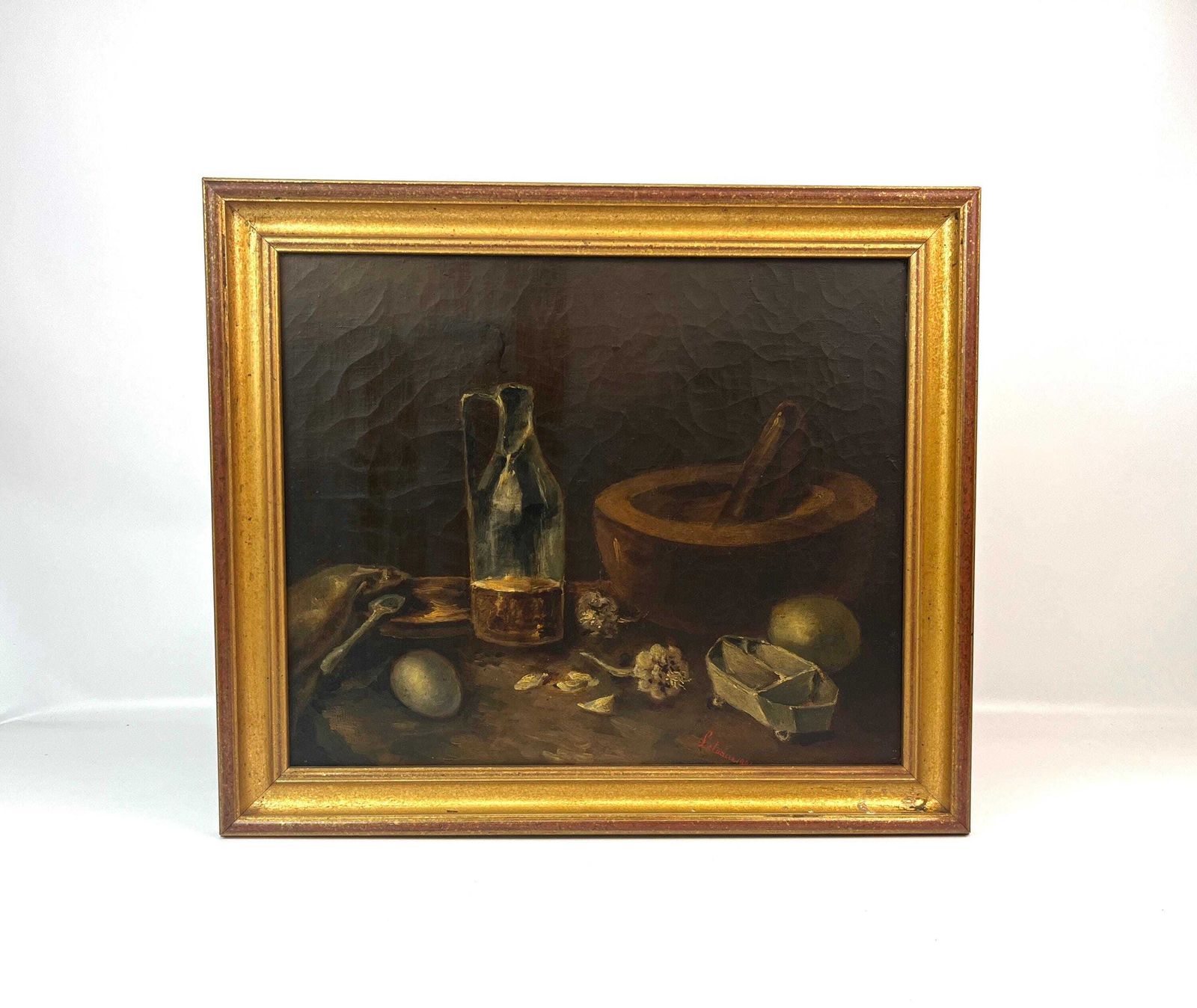 Moody Antique French Kitchen Still Life Oil On Canvas Painting Eggs Garlic Signed 1881