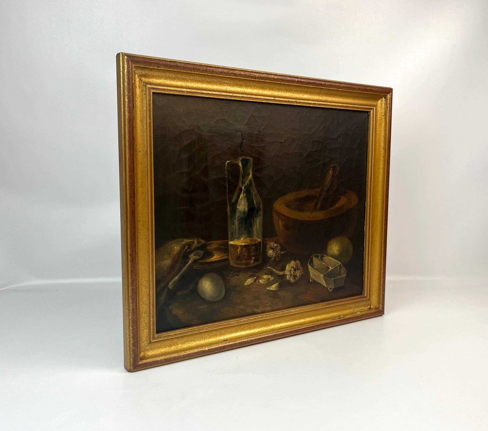 Moody Antique French Kitchen Still Life Oil On Canvas Painting Eggs Garlic Signed 1881 photo for sale