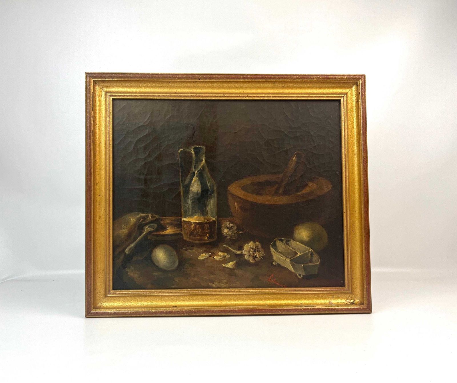 photo for sale Moody Antique French Kitchen Still Life Oil On Canvas Painting Eggs Garlic Signed 1881