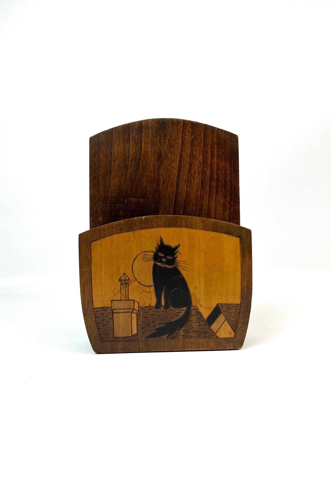 Rare Beautiful Antique Art Deco Wooden Hand Made Antique Cat Wall Storage Holder photo furniture