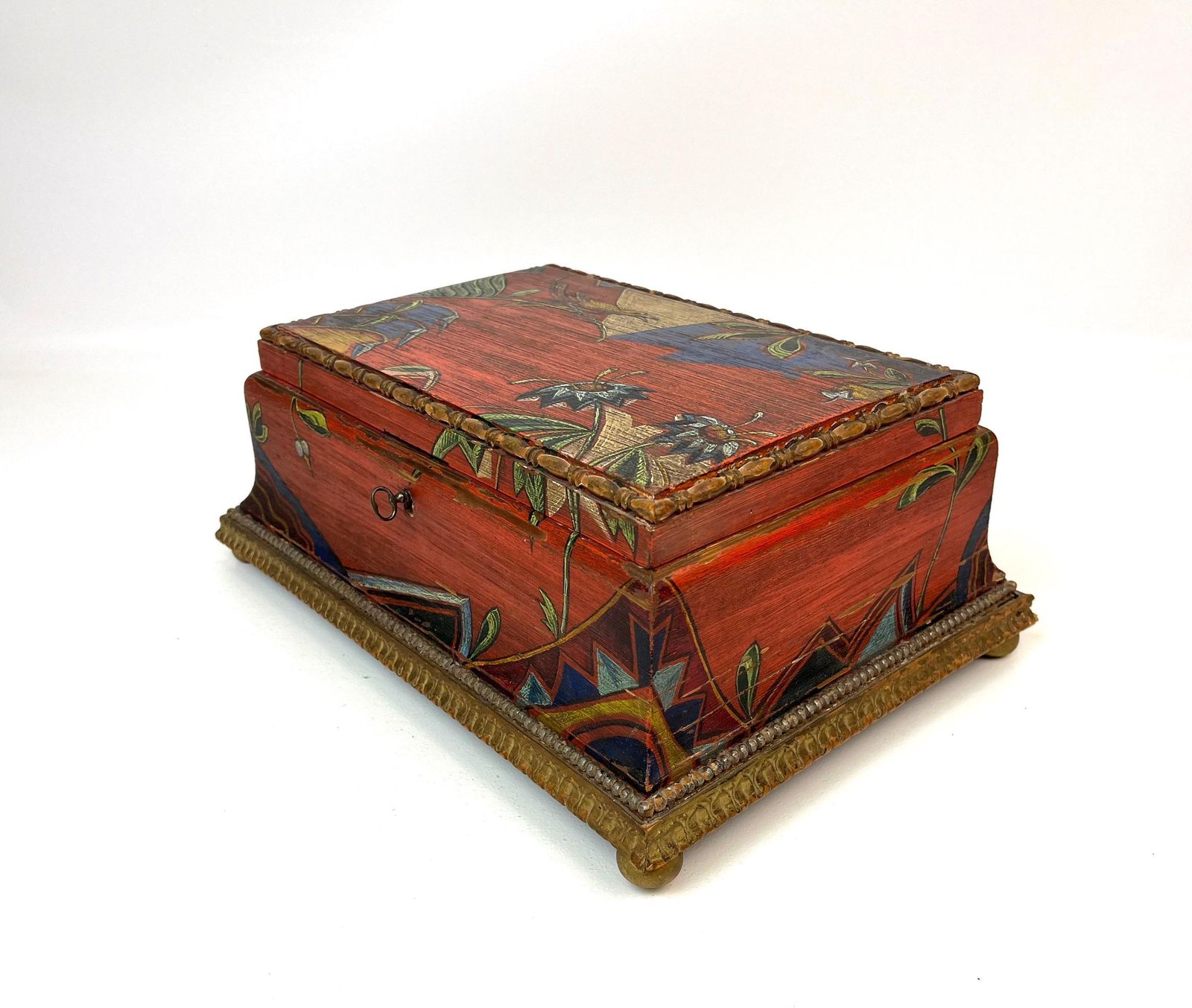 Grote art deco sieradendoos, handgemaakt hout met slot en sleutel photo vintage