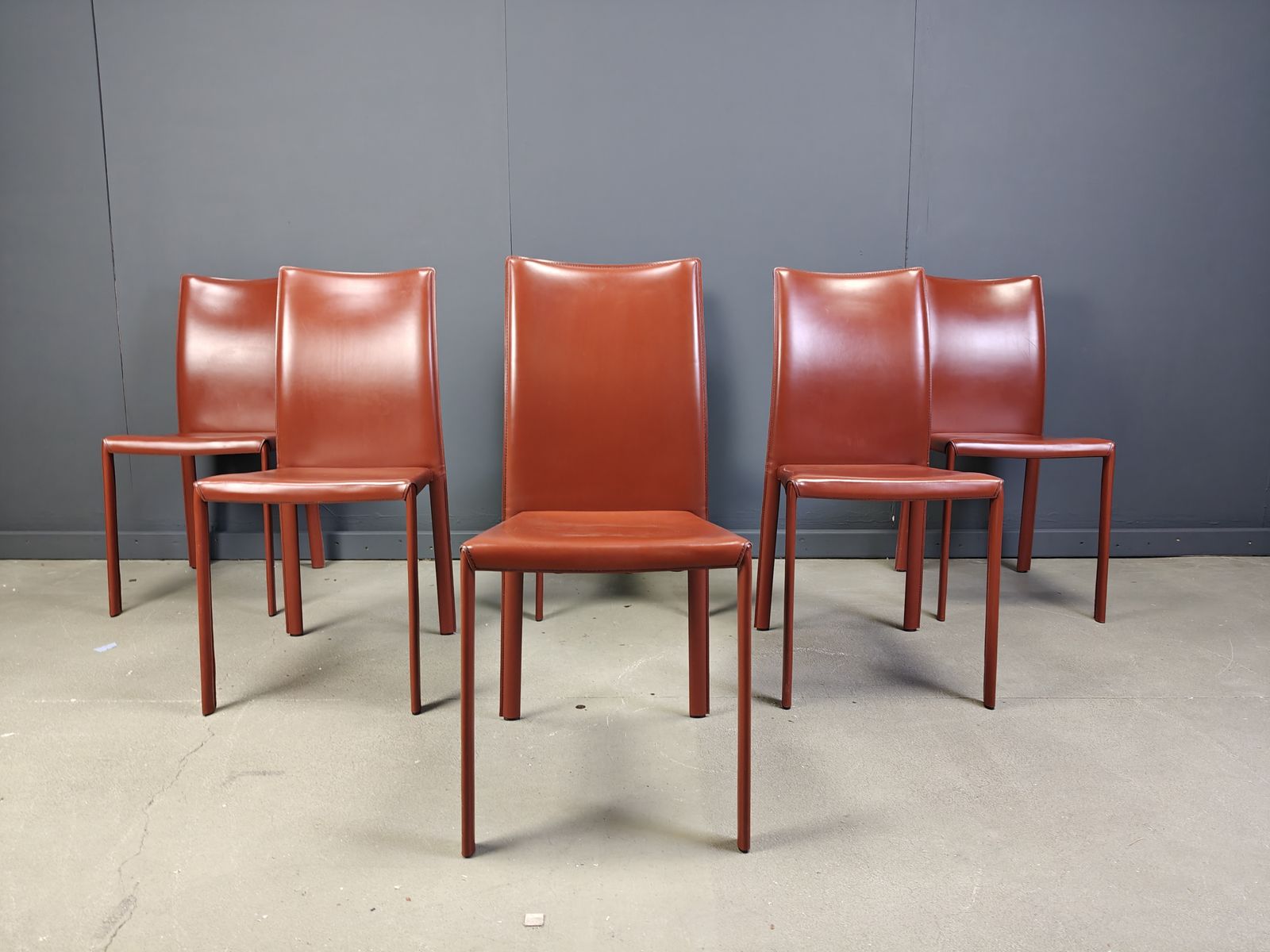 photo for sale Red Leather Italian Dining Chairs, 1980s   Set Of 6