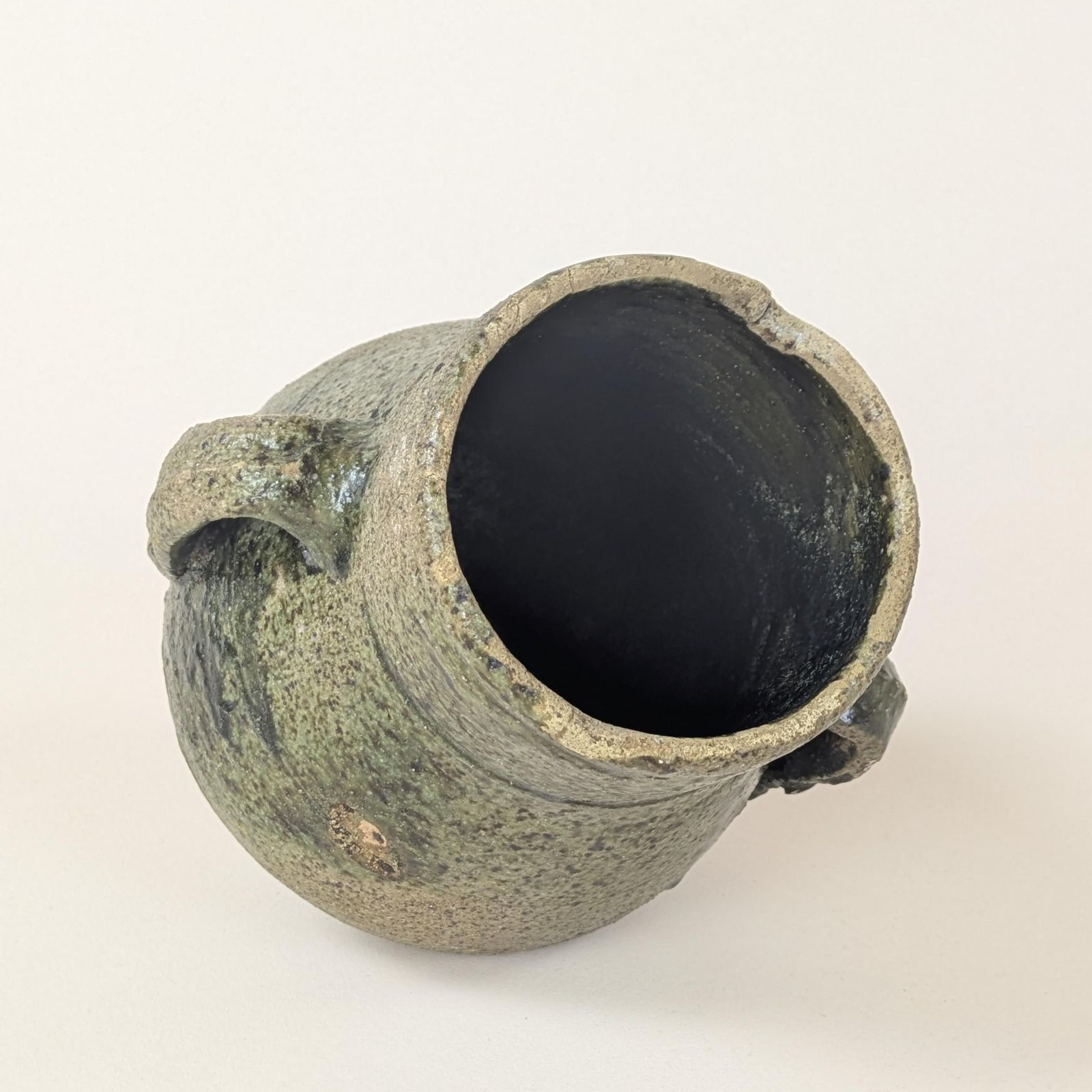 Antique 18th Century French Pot Stoneware Resin Jar Rustic Provincial Pottery Twin Handled Primitive Vessel For Wabi Sabi Farmhouse Decor photo vinterior