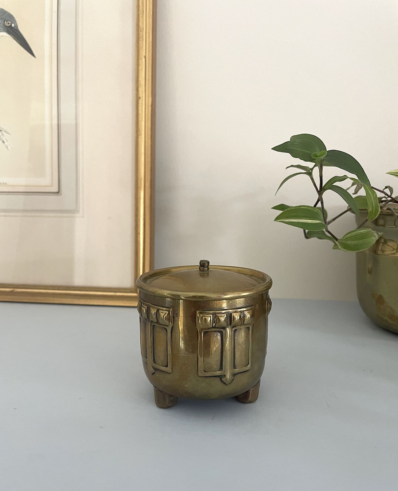 Arts & Crafts Brass Box With Lid On Three Feet, Handmade Antique Round Decorative Container Circa 1920 photo for sale