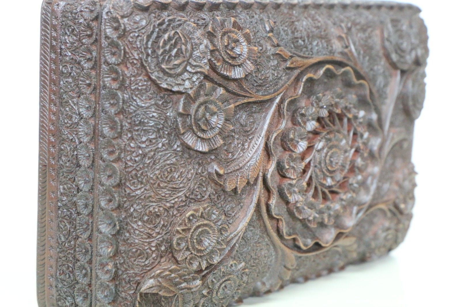 photo buy Antique And Outstanding Kashmiri Carved Wooden Box Early 20th C.