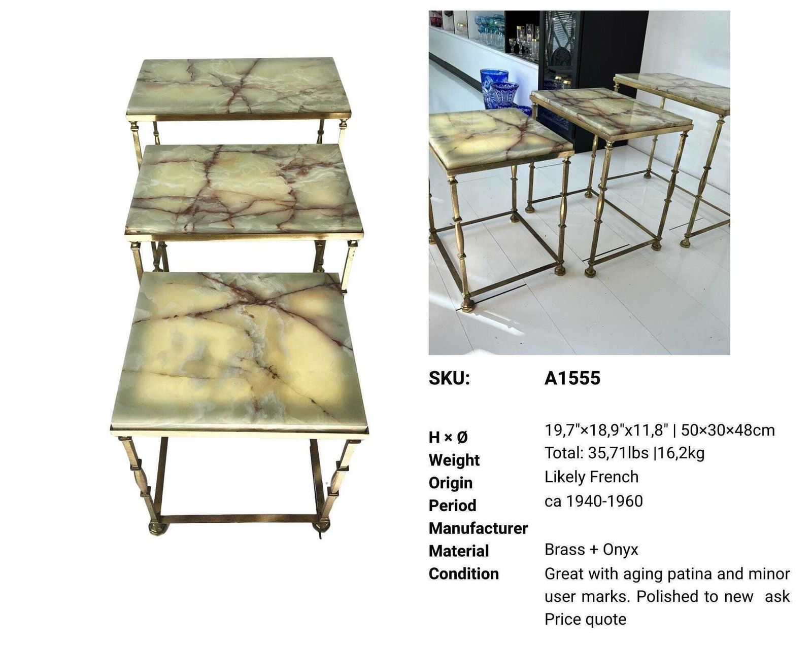 photo for sale Onyx Nesting Tables | Mid Century Maison Jansen Style | Brass & Green Onyx Side Tables