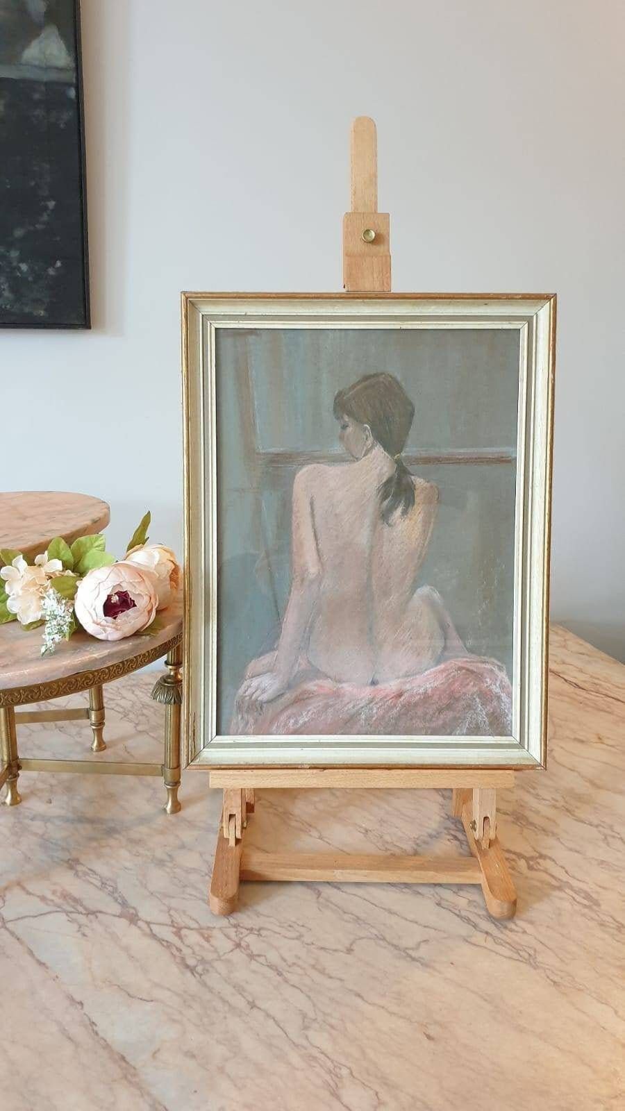 A Pretty Vintage Midcentury Original Pastel Life Portrait Of Woman