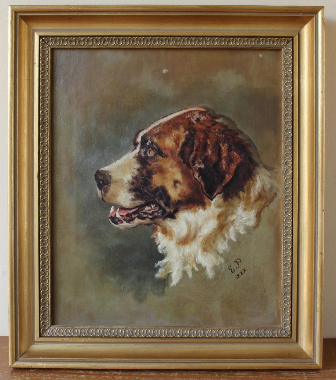 St Bernard Oil Painting On Canvas. Victorian Dog Portrait. Framed. 1888 photo Art