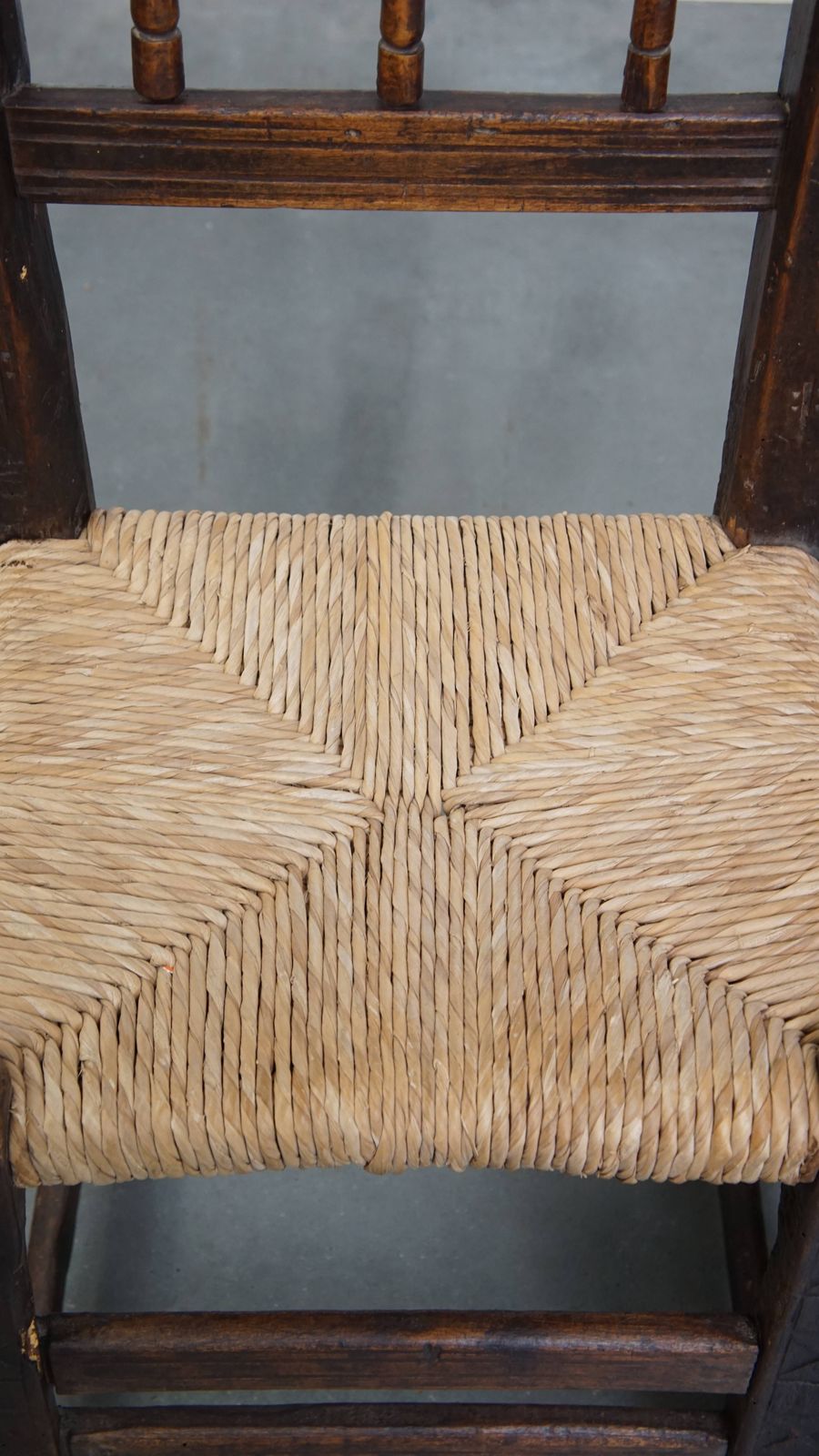 Nice Unique Set Of 2 Antique Spanish Farm Chairs With Woven Wicker Seat And Beautiful Wood Carving photo 359.0