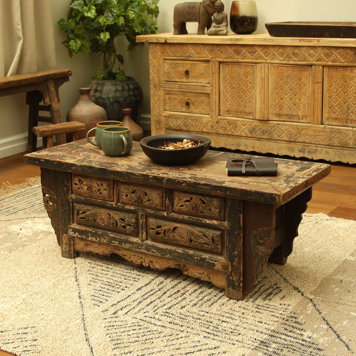 1745.0 Carved Antique Shaanxi Kang Table photo
