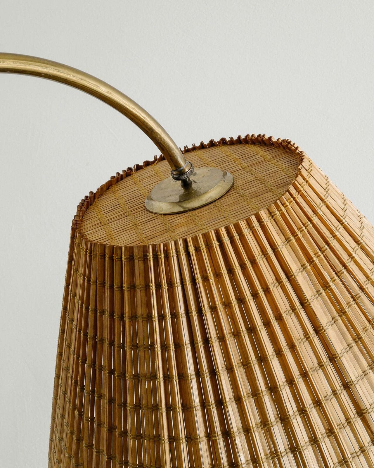 Finnish Mid Century Floor Lamp With Straw Shade And Patinated Brass Attributed To Paavo Tynell, 1940s photo for sale