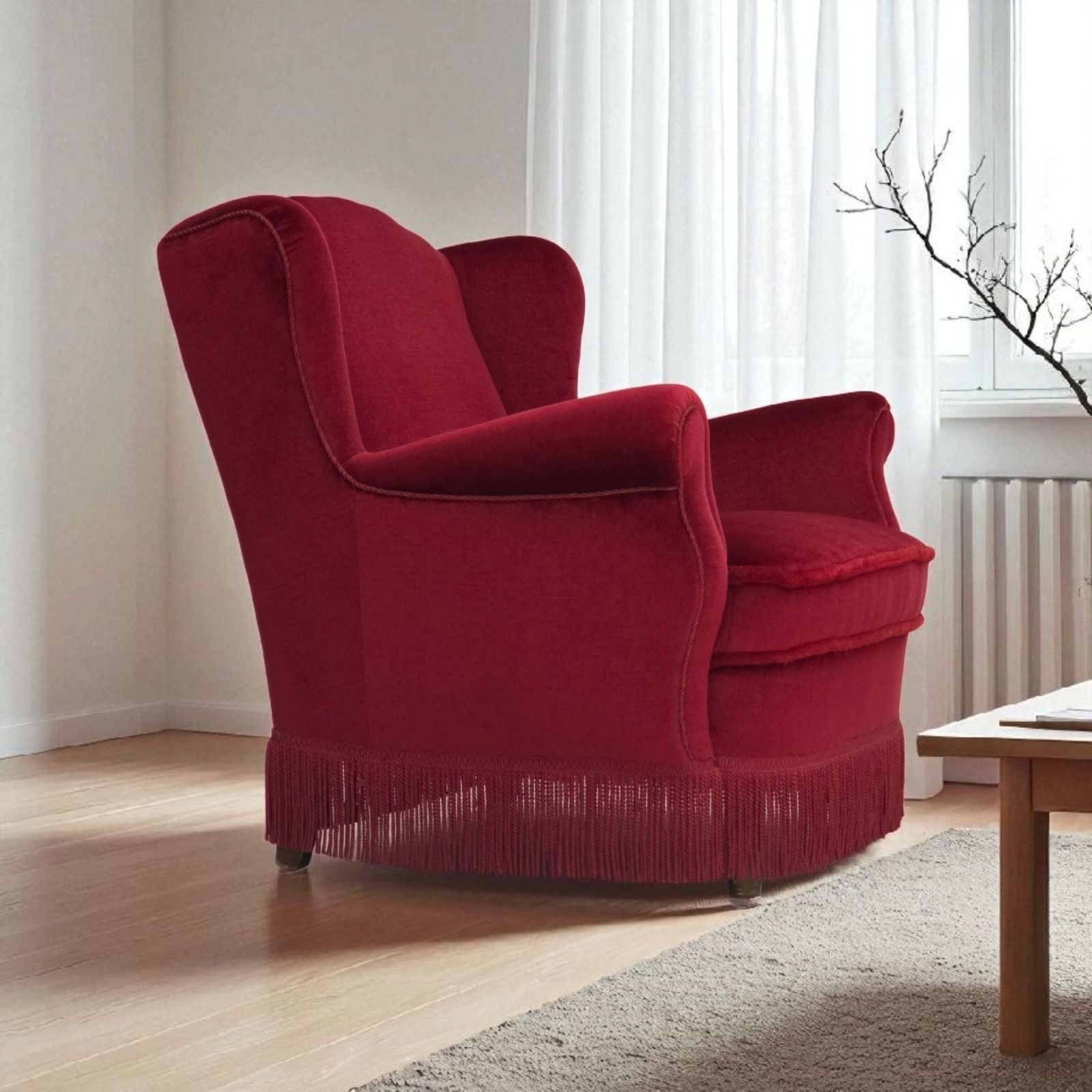1960s, Danish Armchair, Red Furniture Velour, Beech Wood Legs.