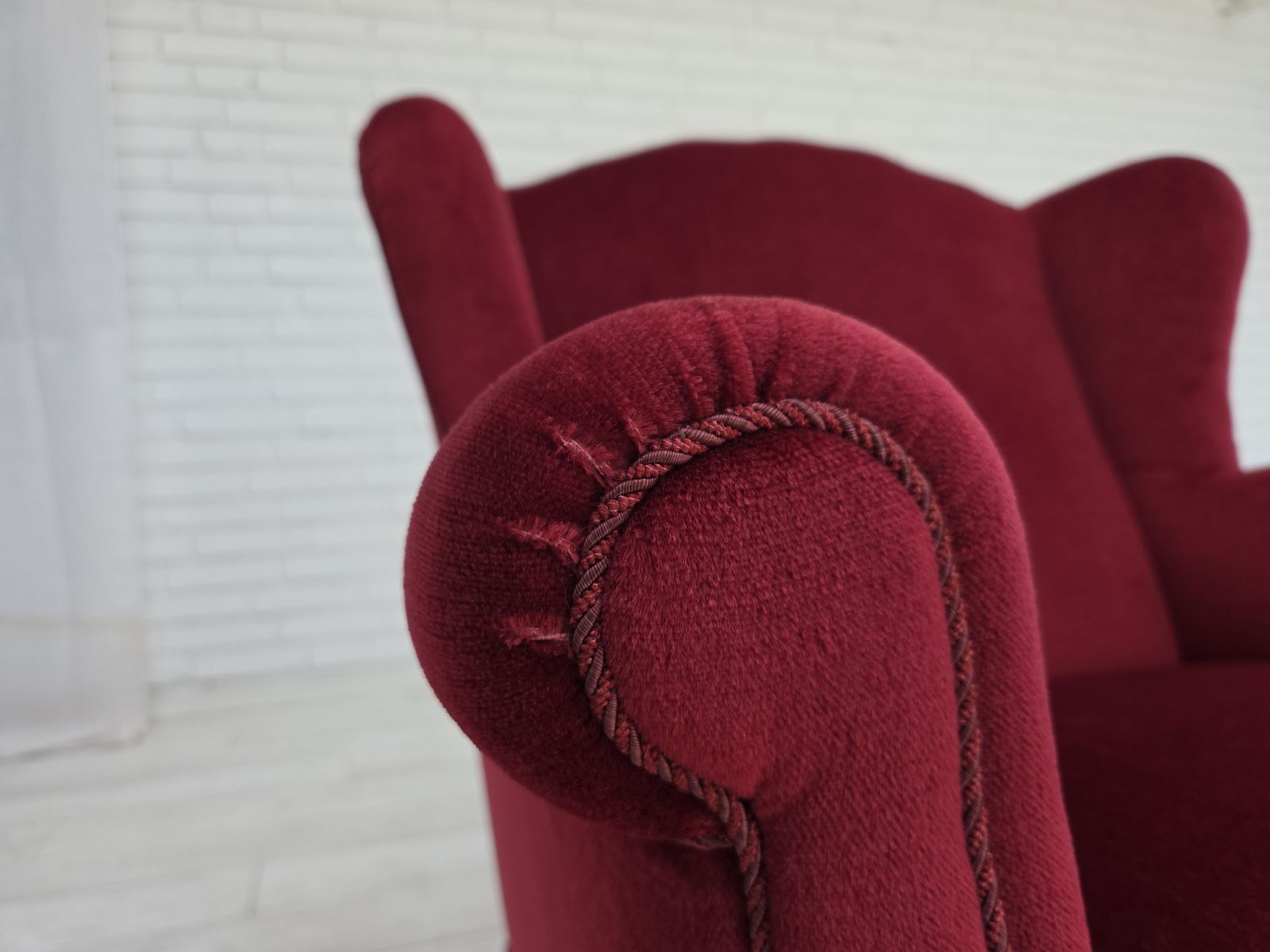 1960s, Danish Armchair, Red Furniture Velour, Beech Wood Legs. photo furniture