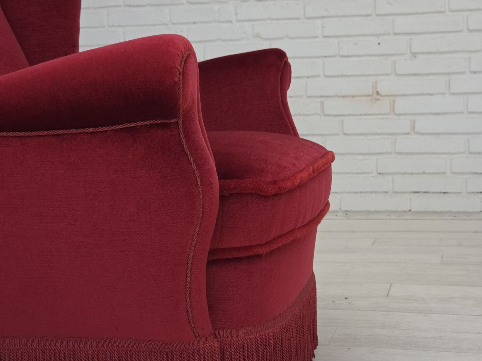 1960s, Danish Armchair, Red Furniture Velour, Beech Wood Legs. photo Furniture