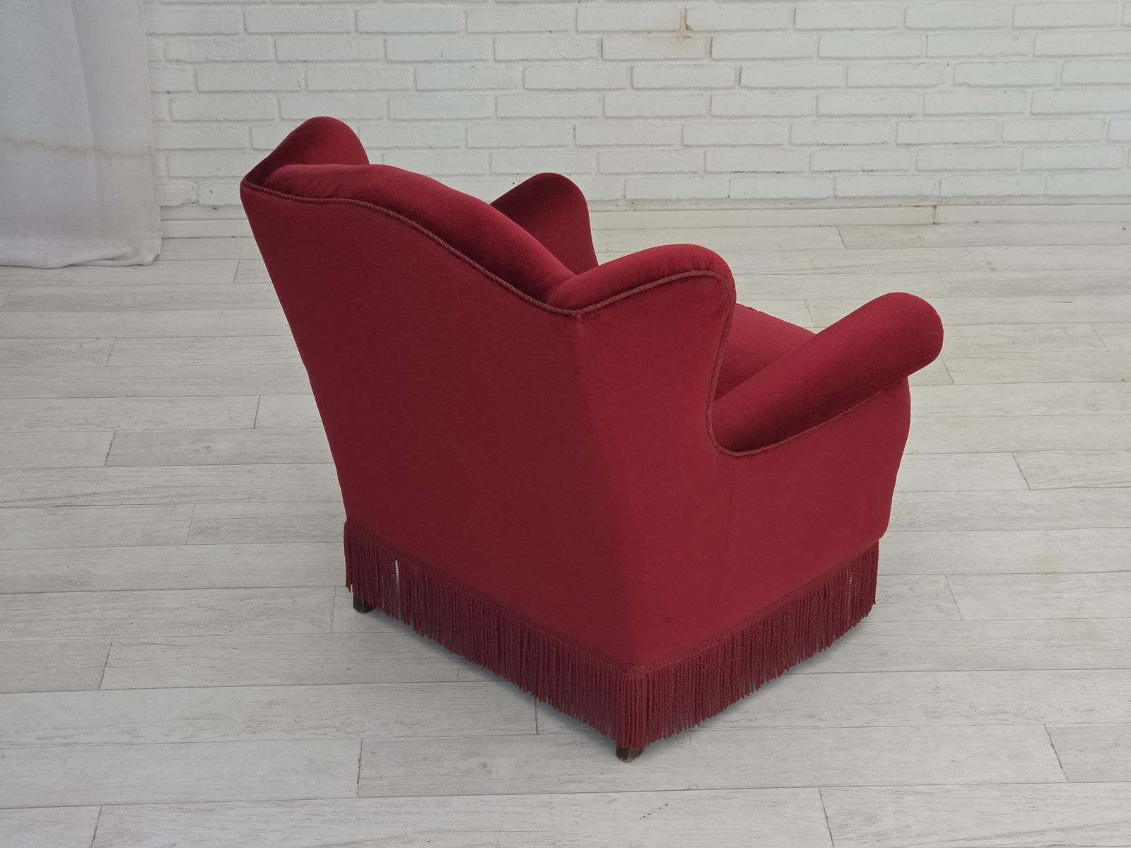1960s, Danish Armchair, Red Furniture Velour, Beech Wood Legs. photo buy