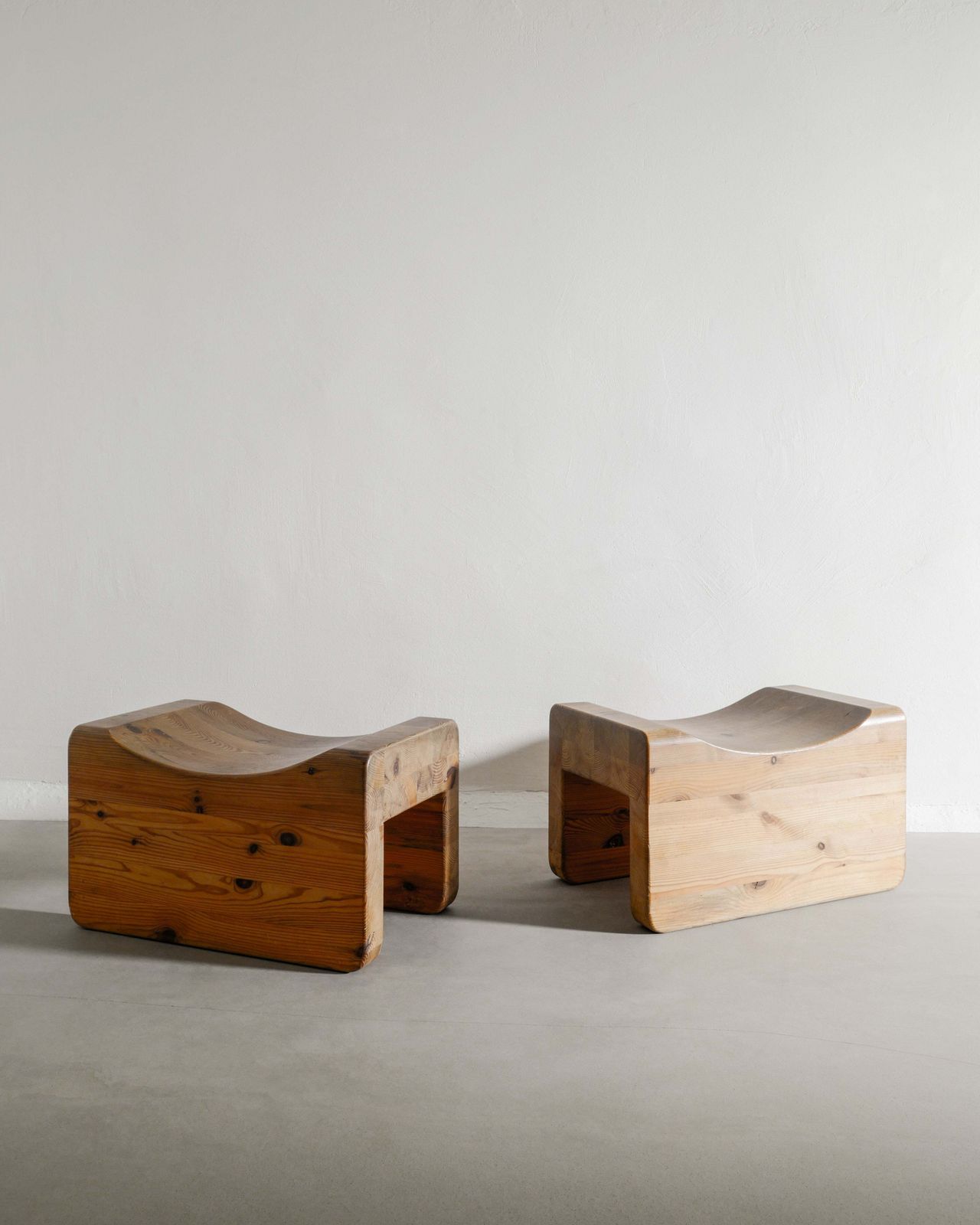 Pair Of Swedish Mid Century Sculptural "Palle" Wooden Pine Tabourets By K.J. Pettersson & Söner In Sweden, 1970s photo buy