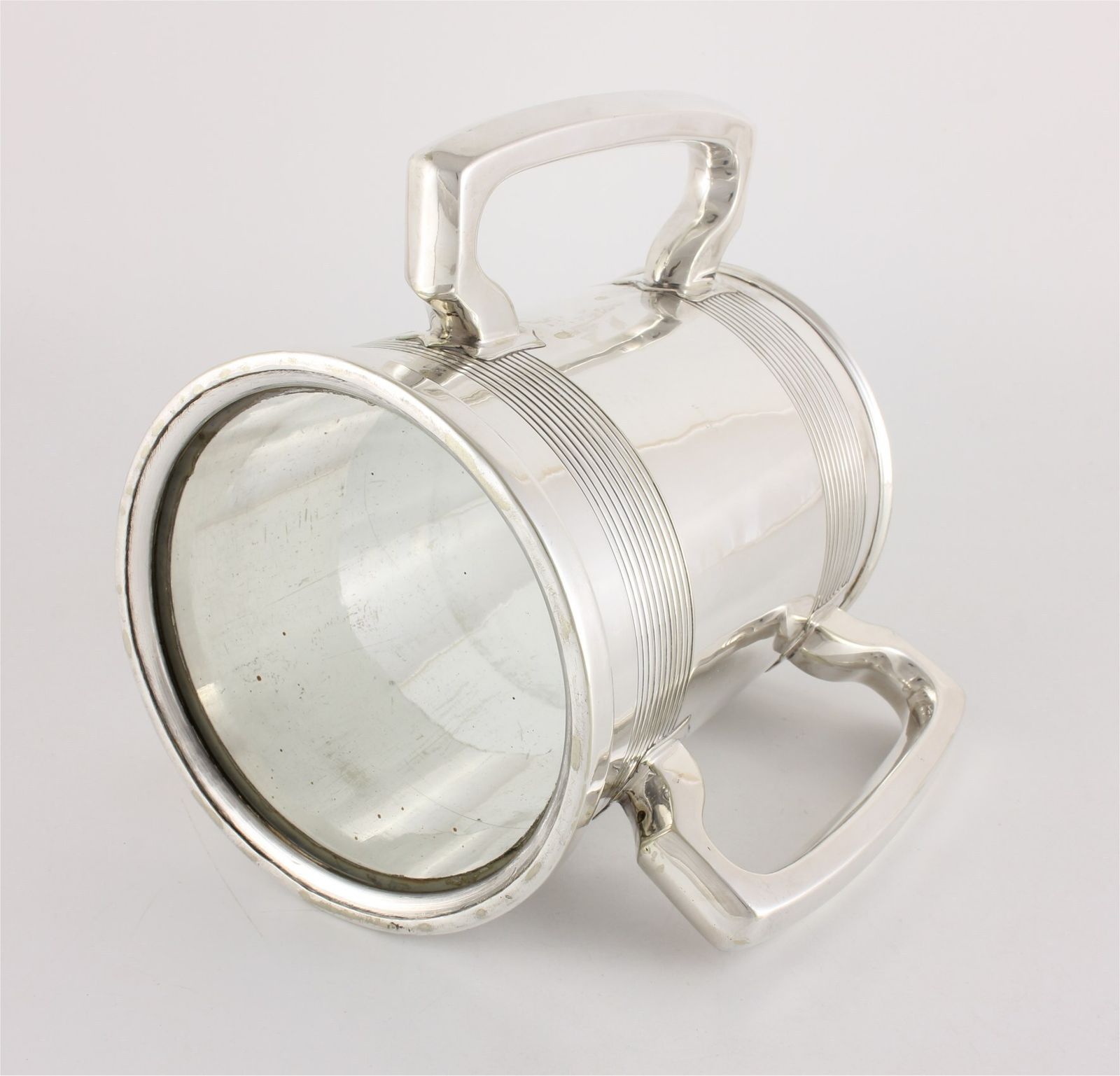 photo for sale Silver Plate Three Handled Tyg. Glass Bottom Presentation Cup Tankard.