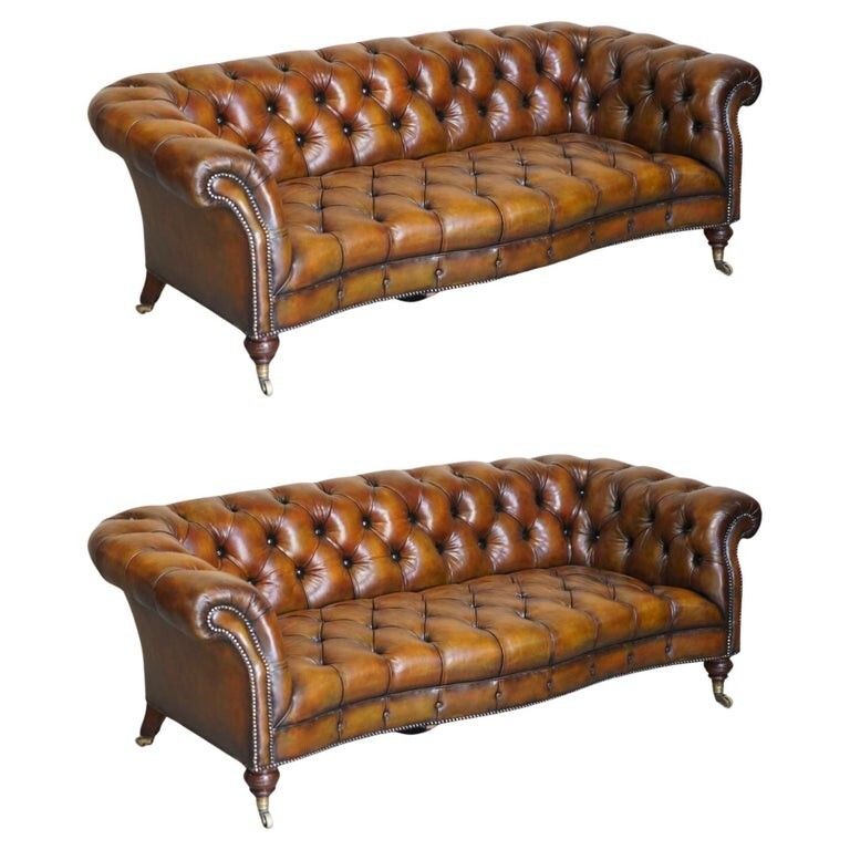 Fine Important Restored Pair Of Antique Howard & Sons Leather Chesterfield Sofas