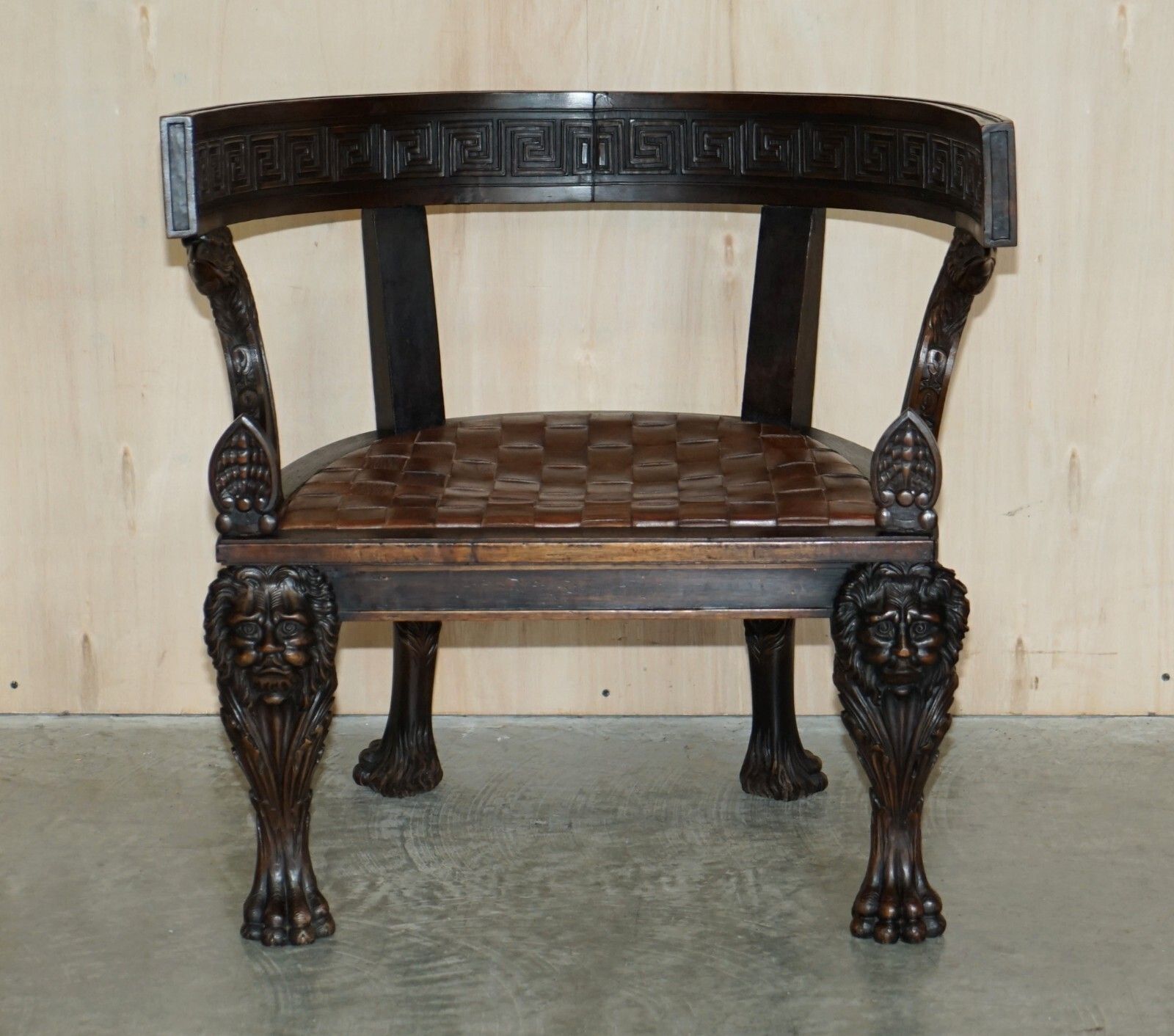 Pair Of Important Original Antique Klismos Armchairs Carved Lions Woven Leather photo for sale