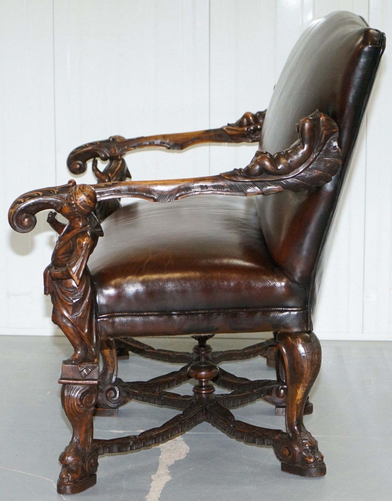 Furniture 1850 Palatial Venetian Carved Walnut Leather Bench Valentino Panciera Besarel photo