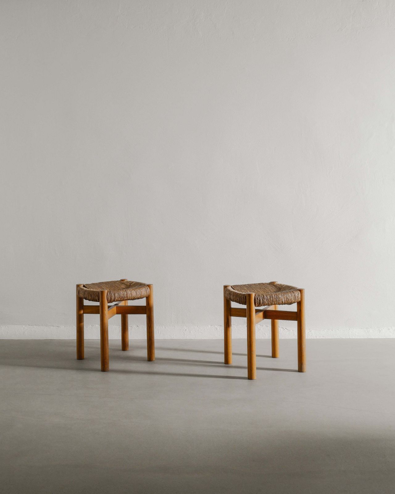 French Mid Century Wooden Ash Four Legged "Meribel" Stools Charlotte Perriand, 1960s