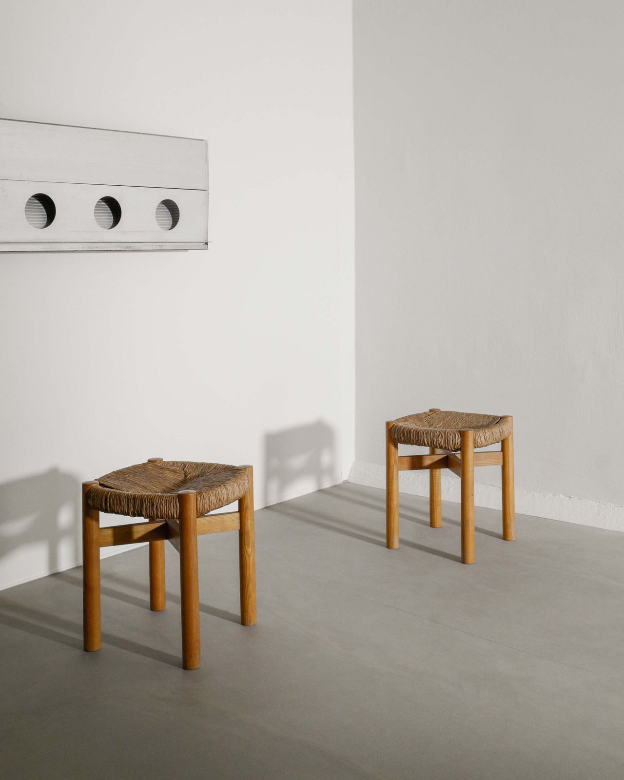 French Mid Century Wooden Ash Four Legged "Meribel" Stools Charlotte Perriand, 1960s photo 9250.0