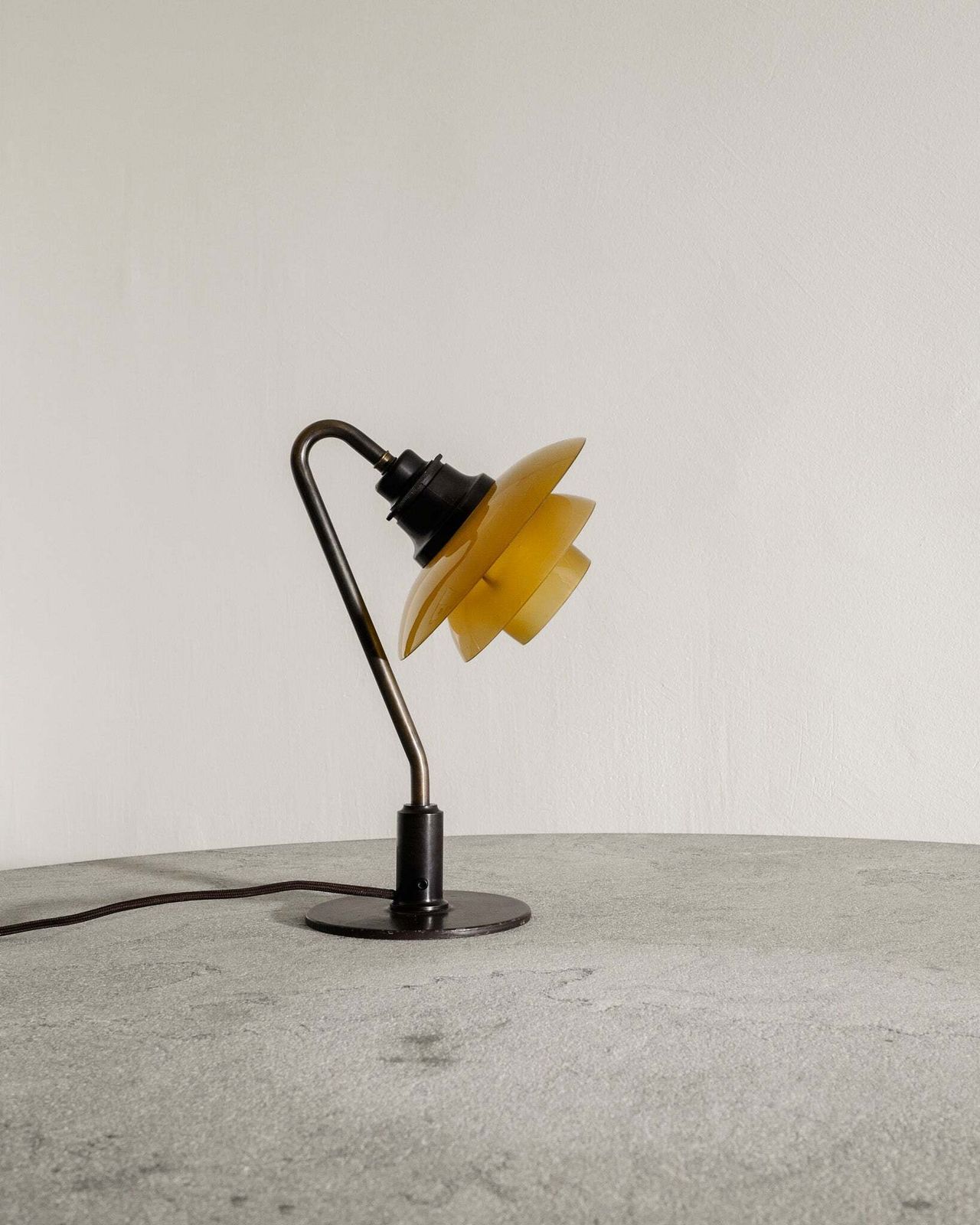 Danish Mid Century Modern Poul Henningsen "Ph 2/2" Table Lamp In Patinated Brass & Yellow Amber Glass, 1930s