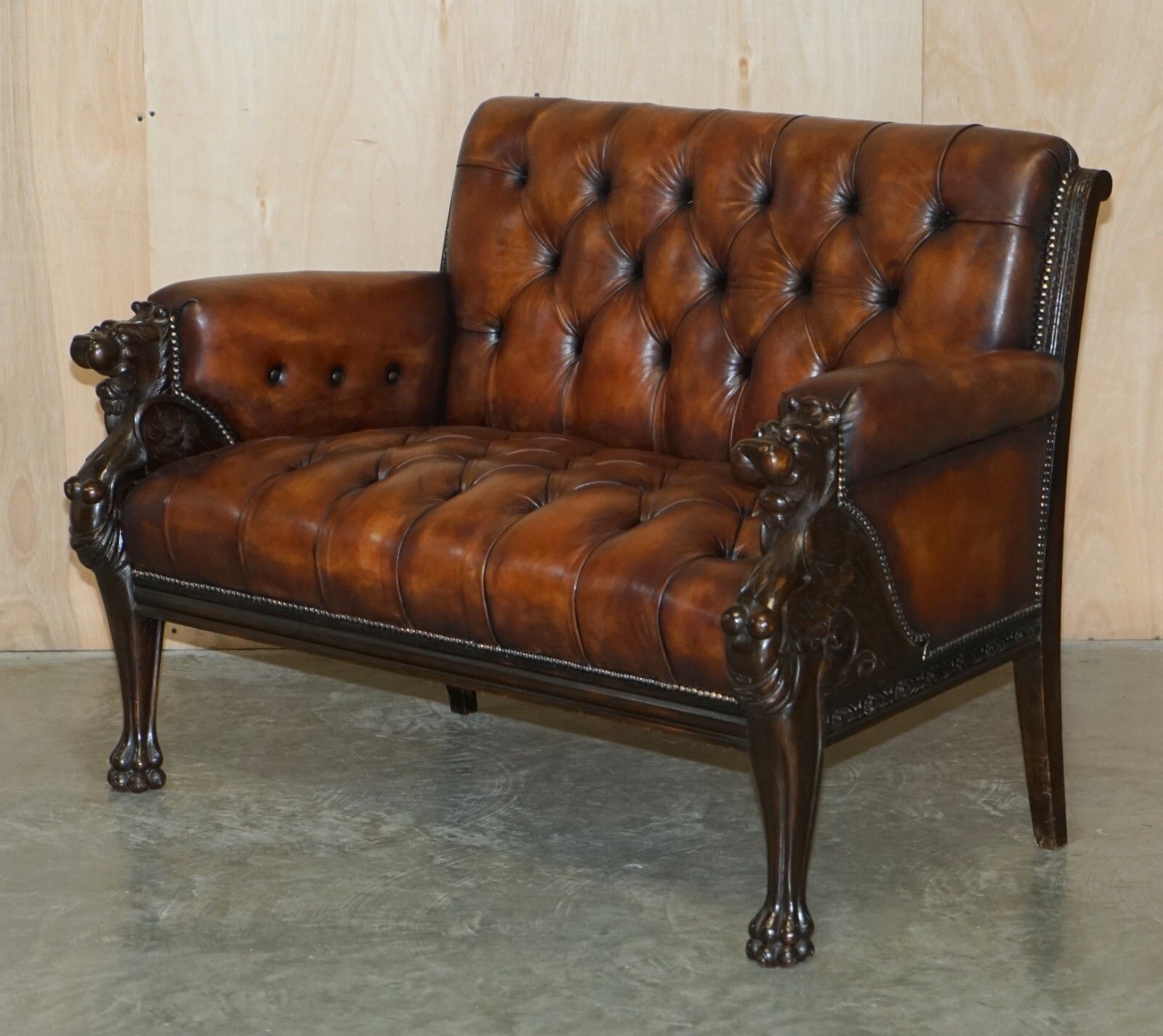 Restored Antique Lion Hand Carved Brown Leather Chesterfield Sofa Armchair Suite photo for sale