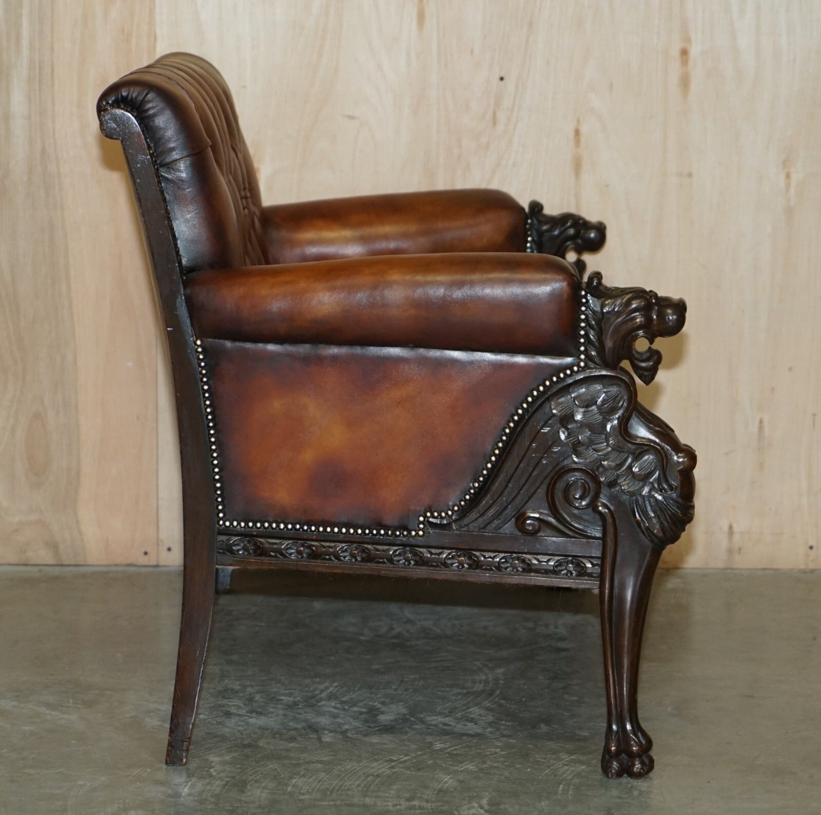 photo vinterior Restored Antique Lion Hand Carved Brown Leather Chesterfield Sofa Armchair Suite
