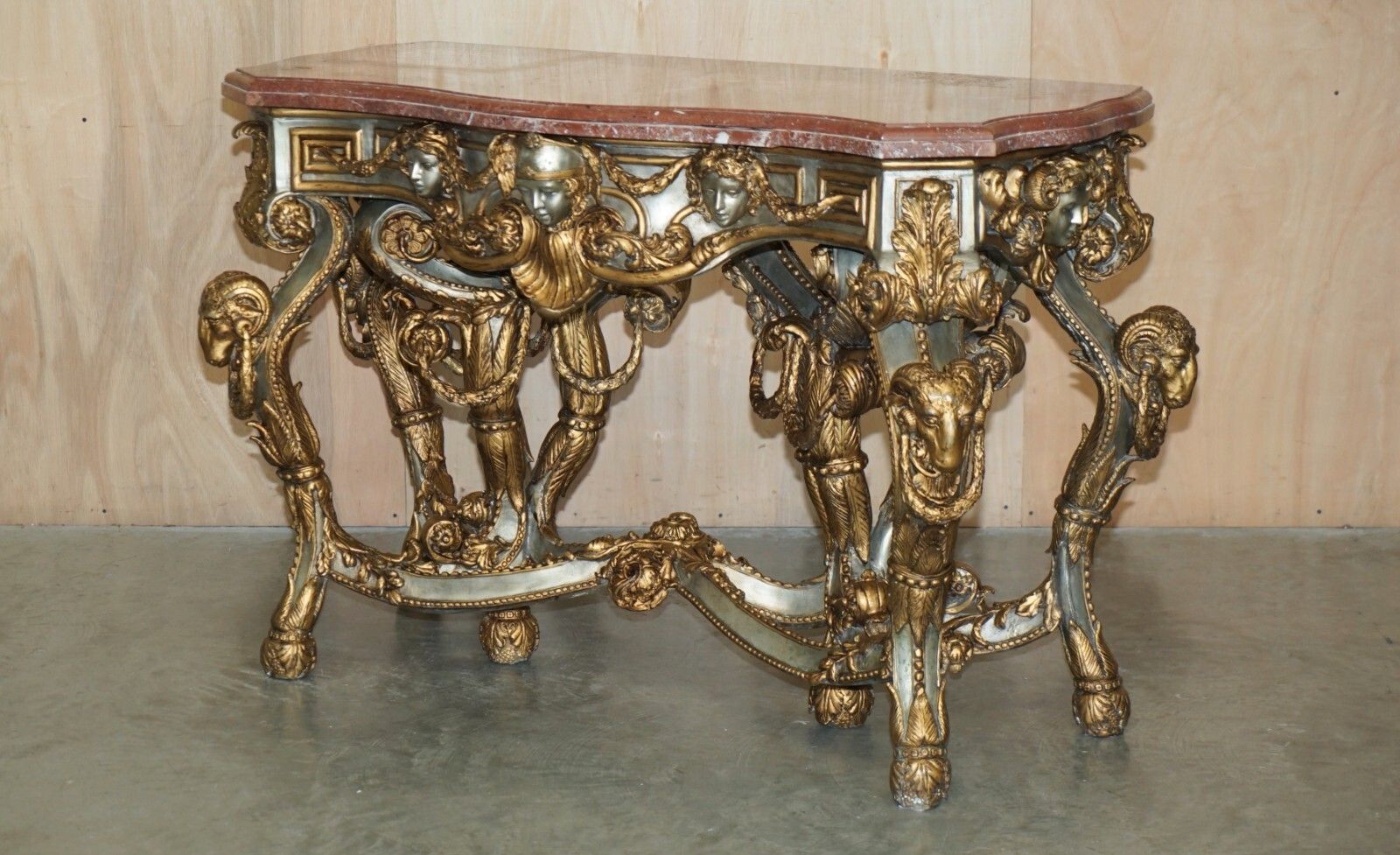 Super Rare Metal Antique Baroque Rams & Maiden Head Marble Topped Console Table photo furniture
