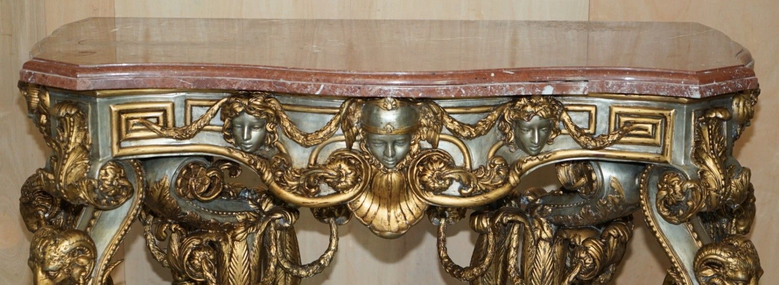 Super Rare Metal Antique Baroque Rams & Maiden Head Marble Topped Console Table photo for sale