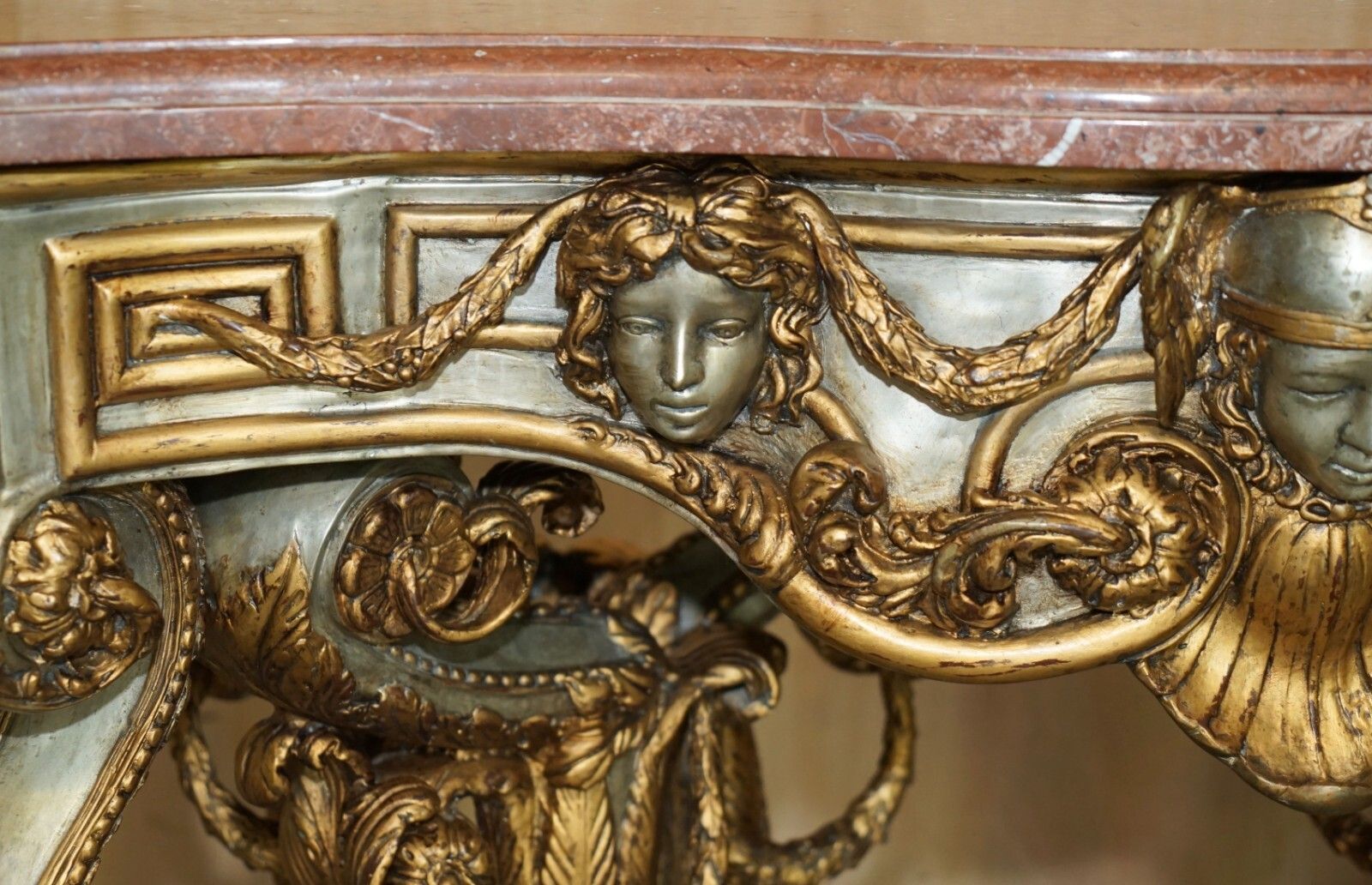 Super Rare Metal Antique Baroque Rams & Maiden Head Marble Topped Console Table photo vinterior