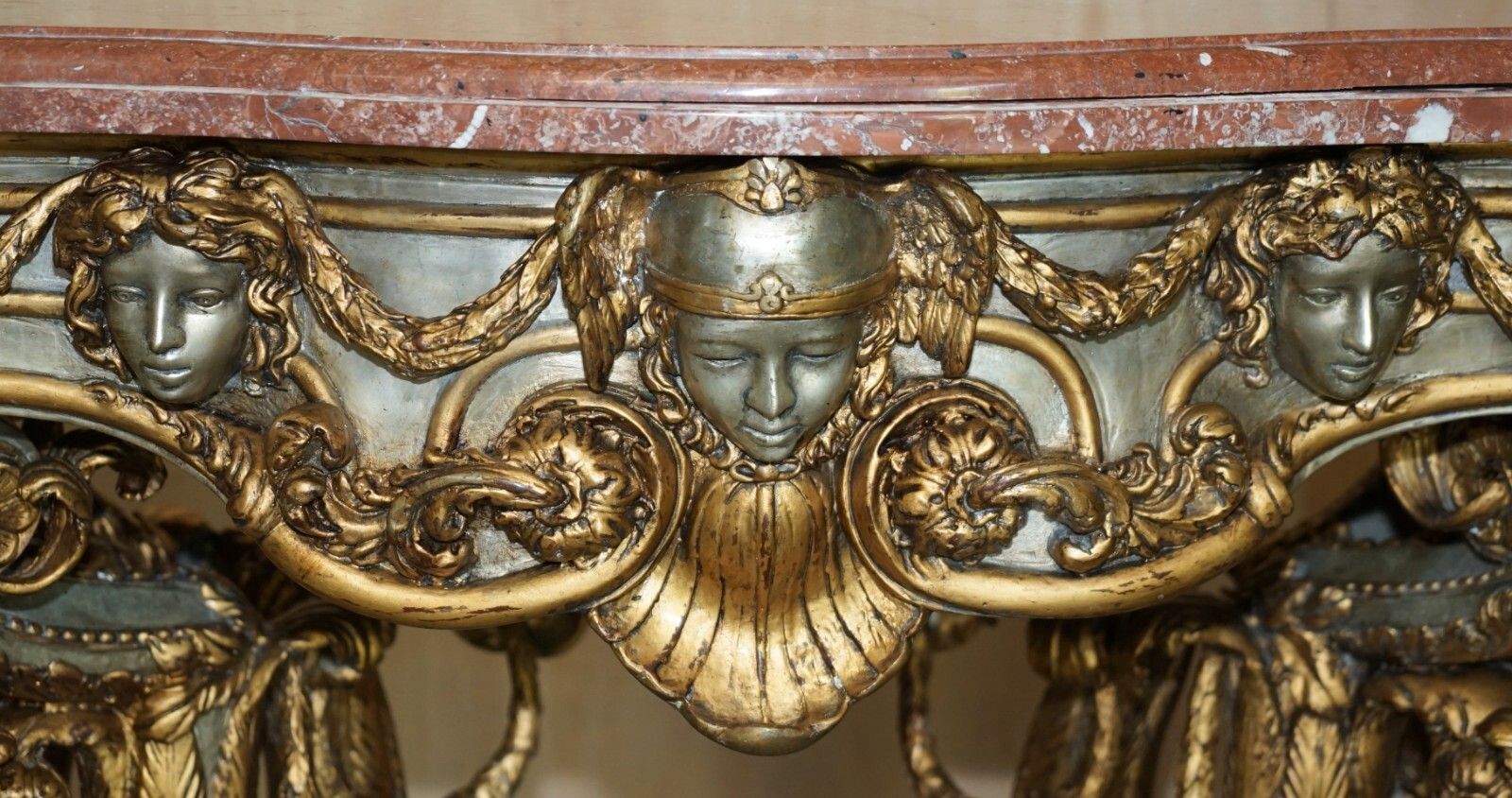 Super Rare Metal Antique Baroque Rams & Maiden Head Marble Topped Console Table photo buy