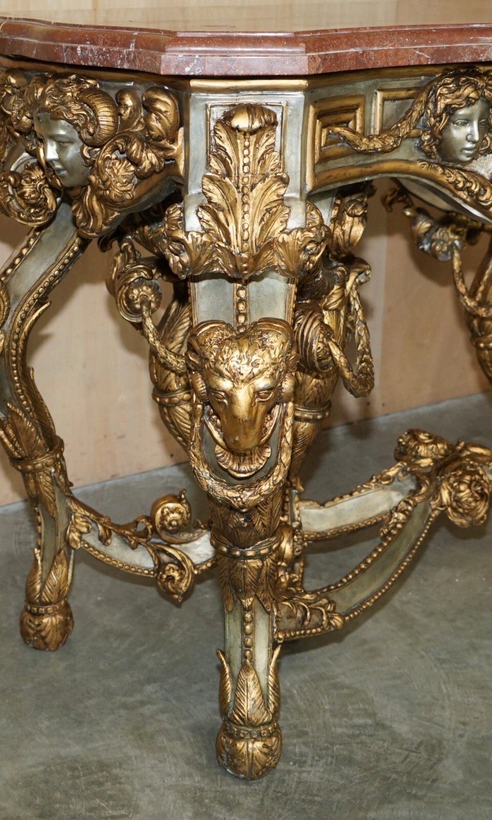 photo buy Super Rare Metal Antique Baroque Rams & Maiden Head Marble Topped Console Table